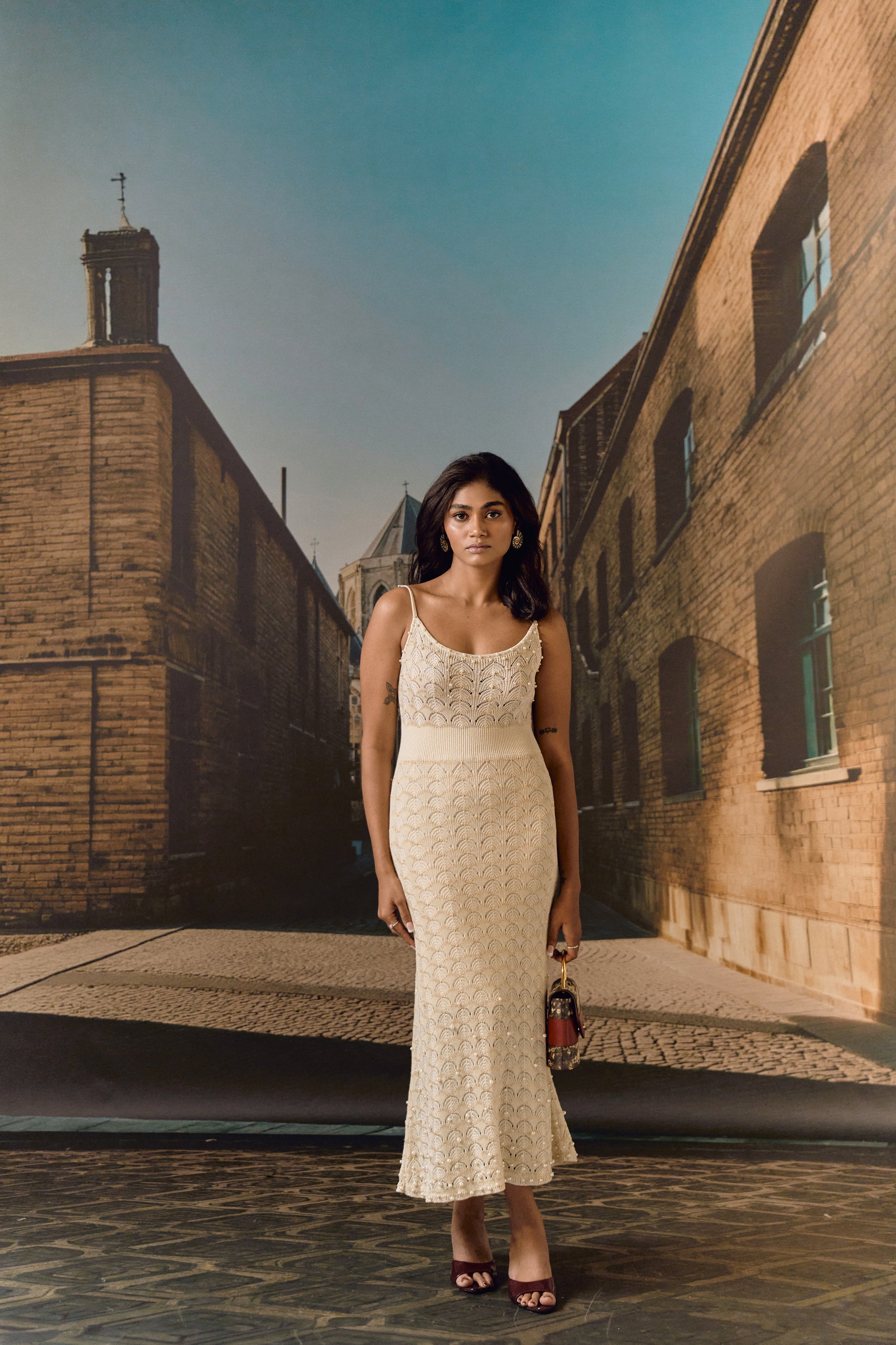 Knit midi strap dress - Ivory