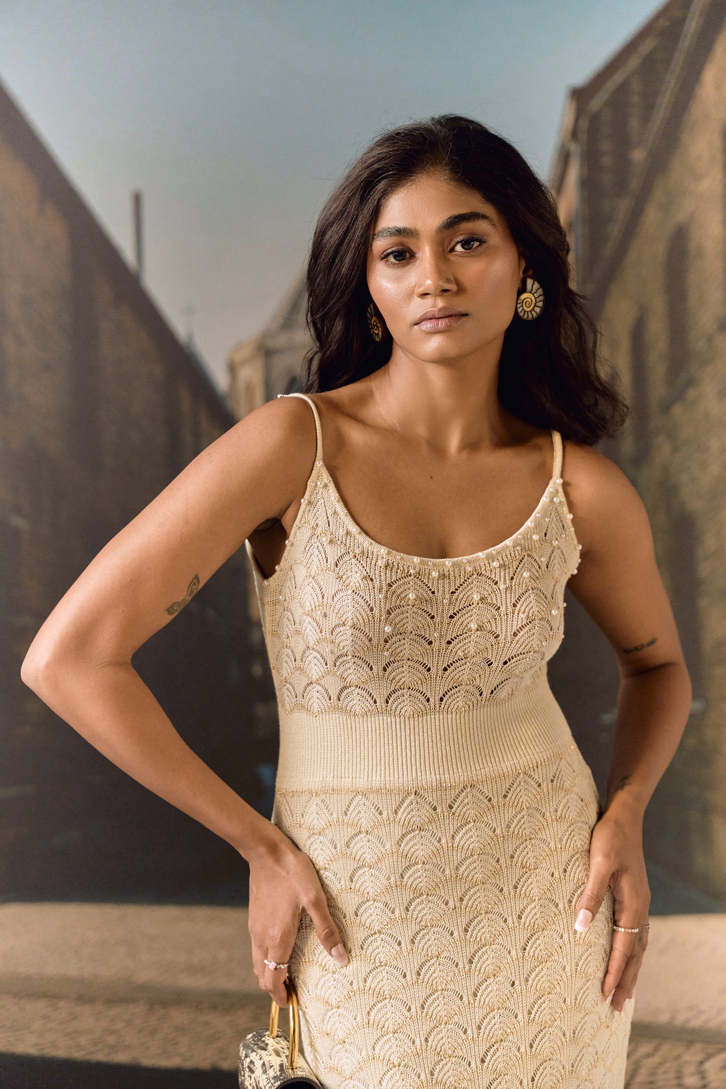 Knit midi strap dress - Ivory