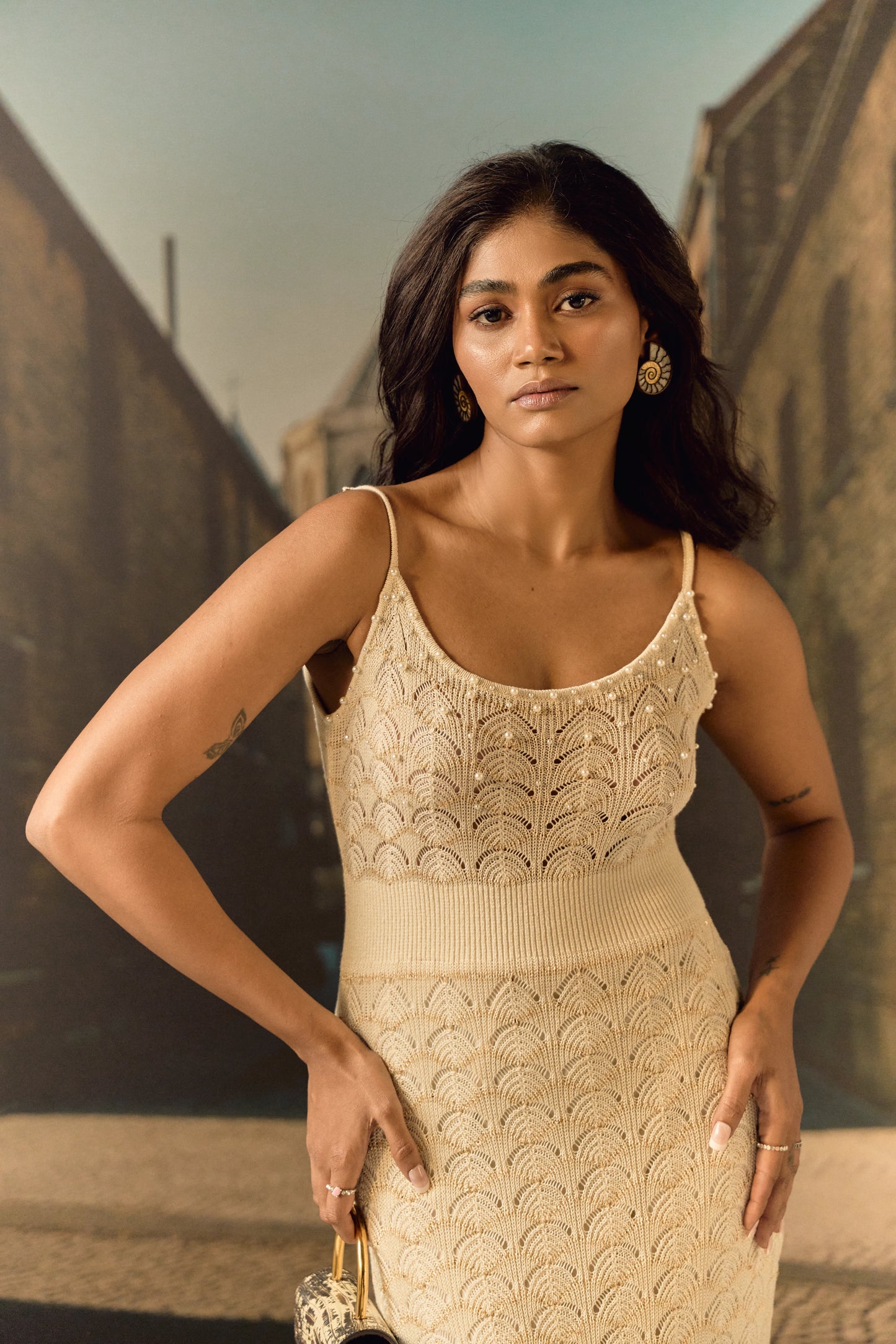 Knit midi strap dress - Ivory