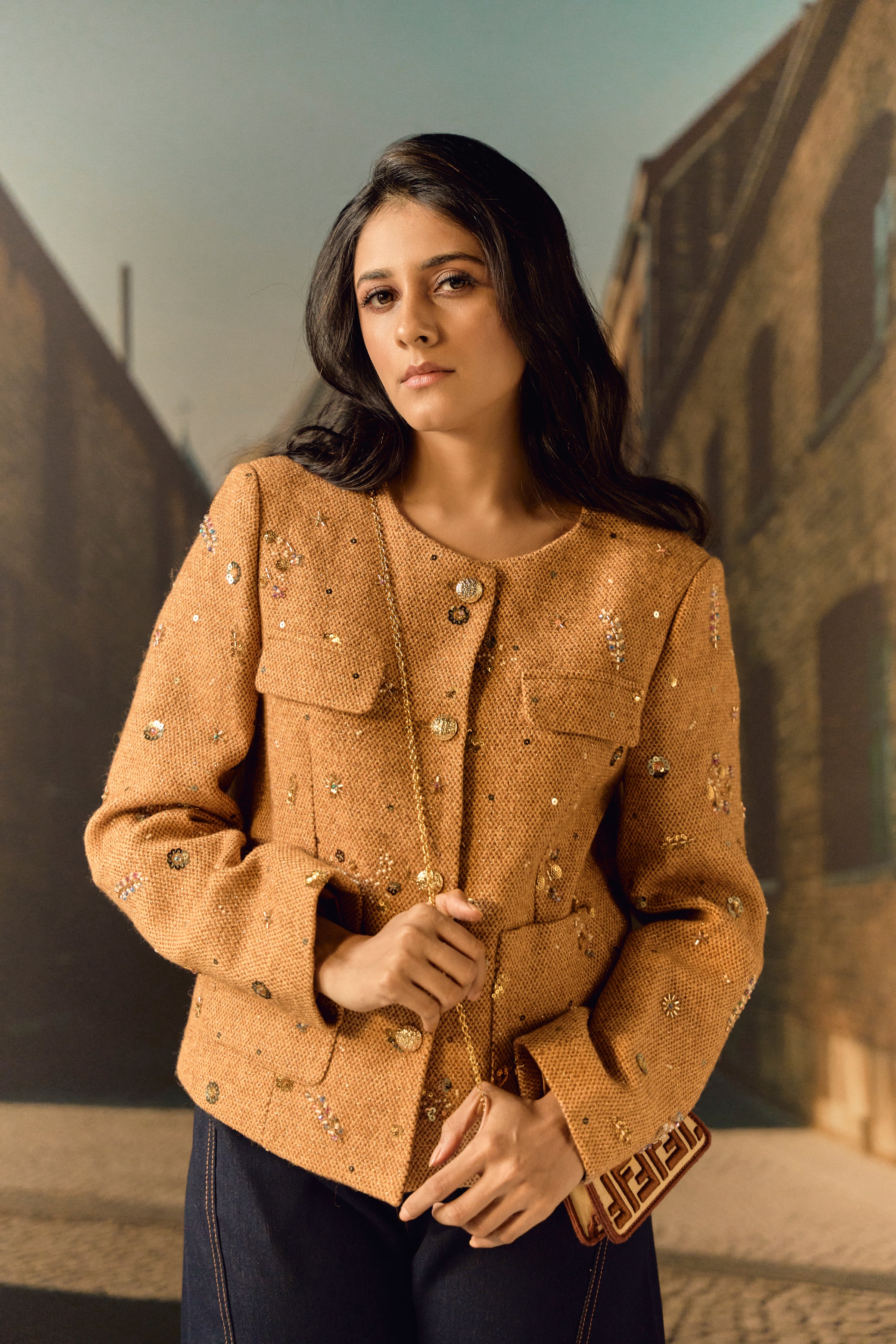 Tweed Jacket with hand embroidery - Sand