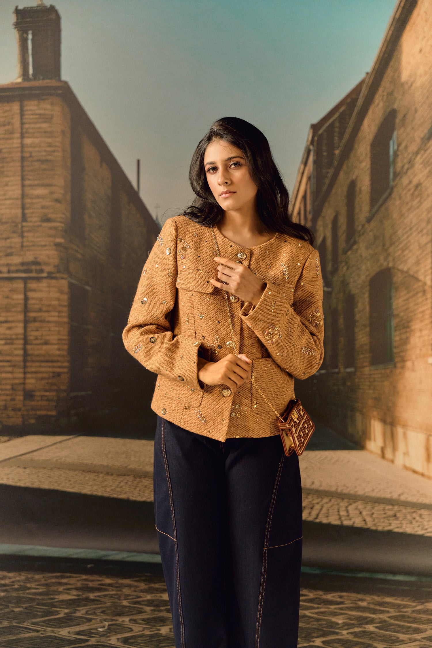 Tweed Jacket with hand embroidery - Sand