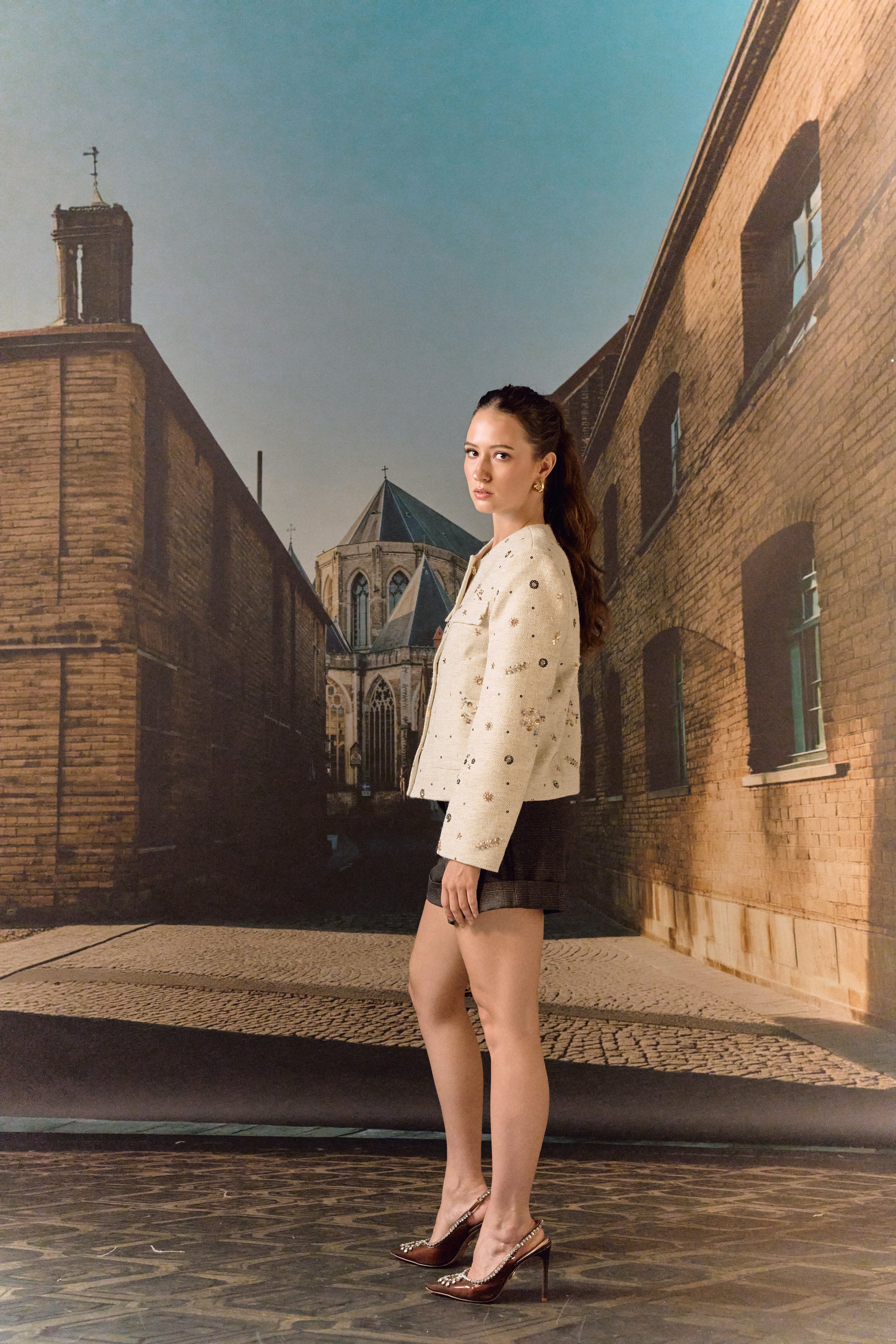 Tweed Jacket with hand embroidery - Biscuit
