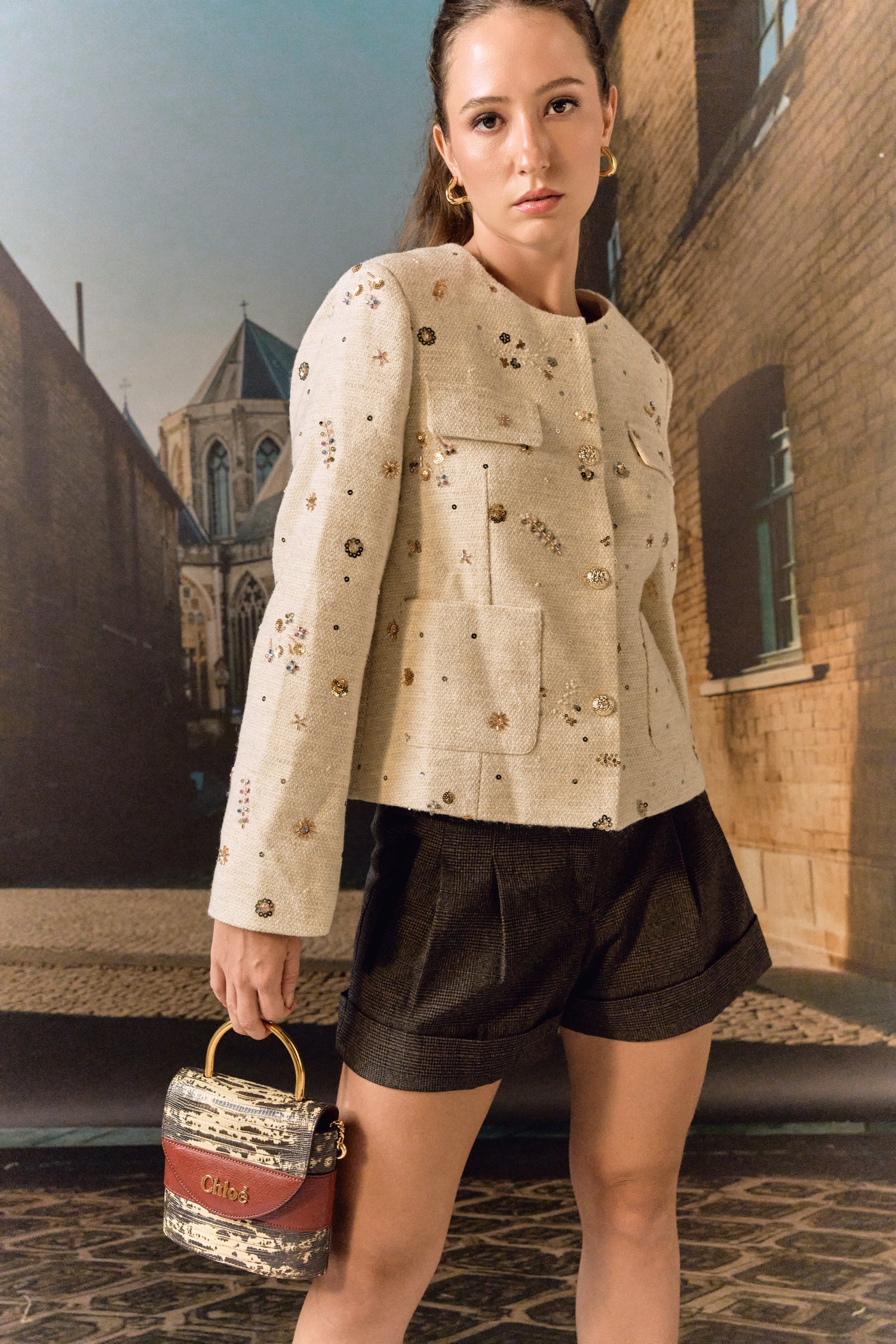 Tweed Jacket with hand embroidery - Biscuit