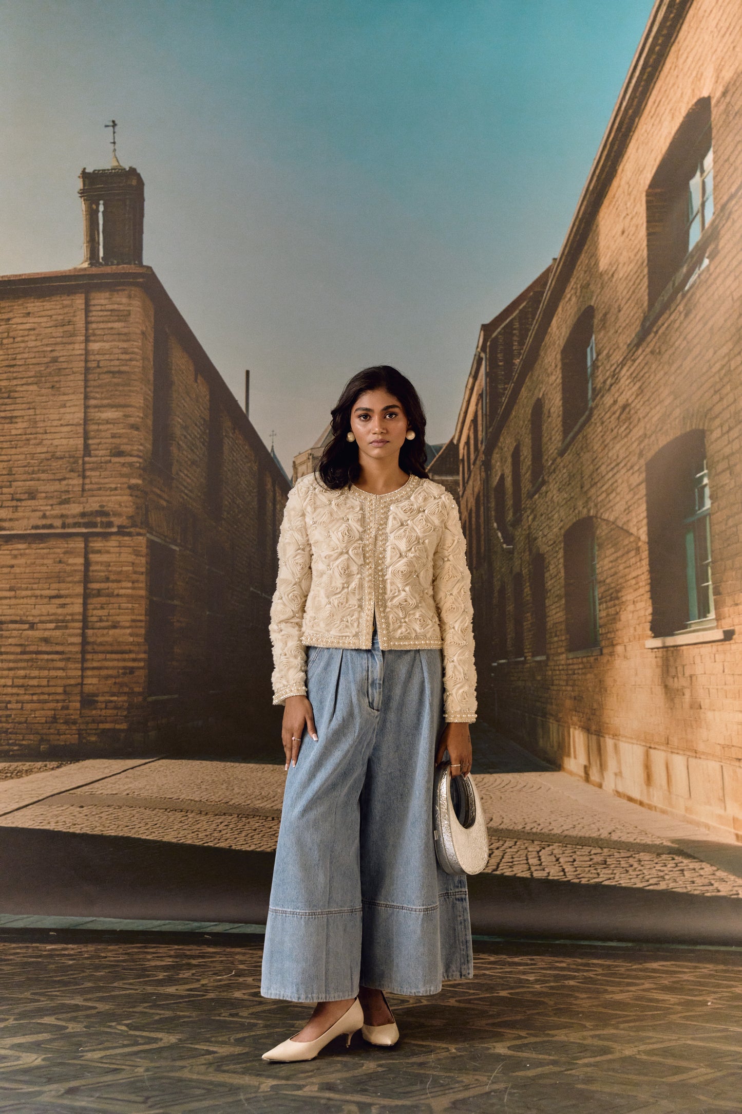 Ivory evening cropped all over evening jacket with 3D roses