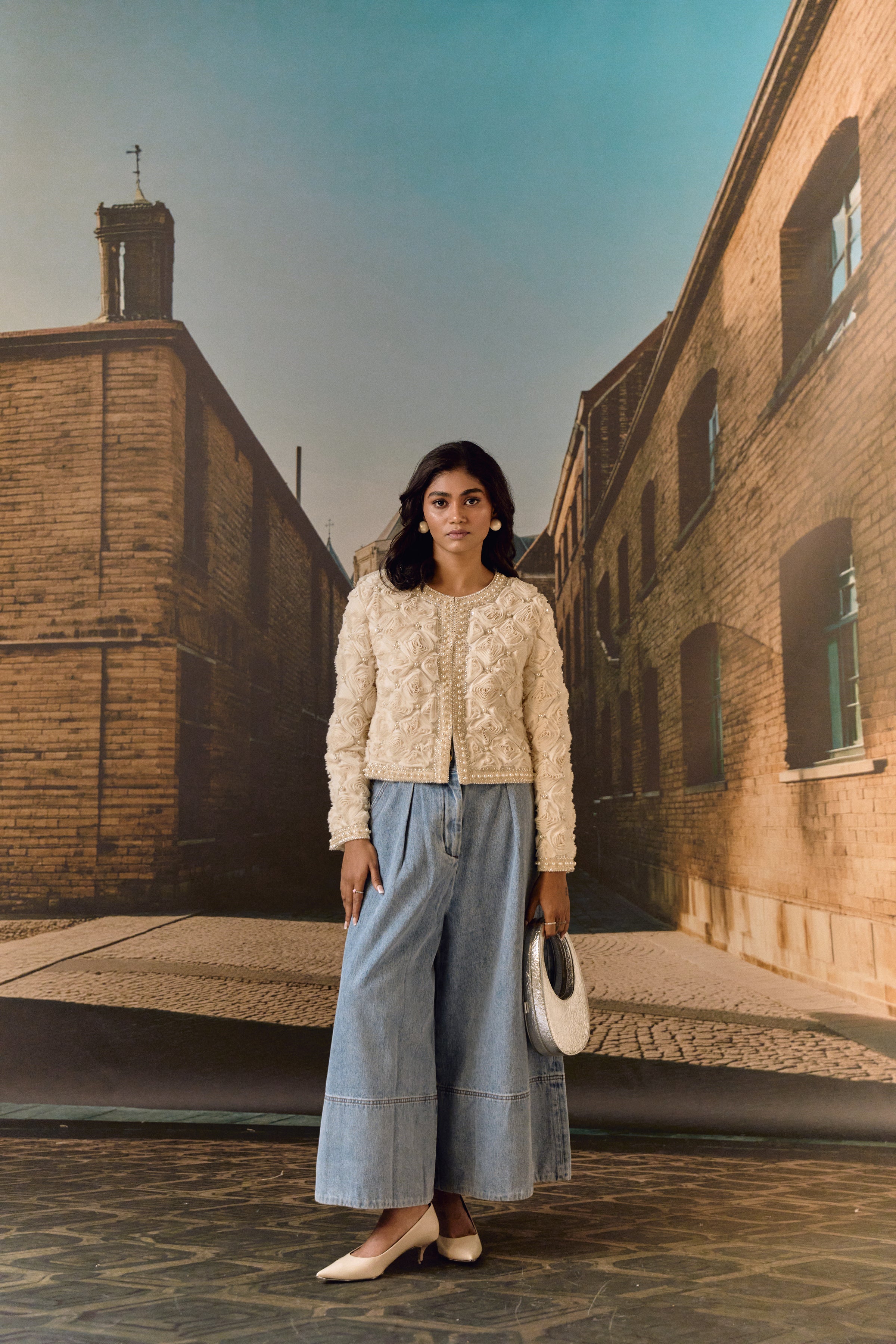 Ivory evening cropped all over evening jacket with 3D roses