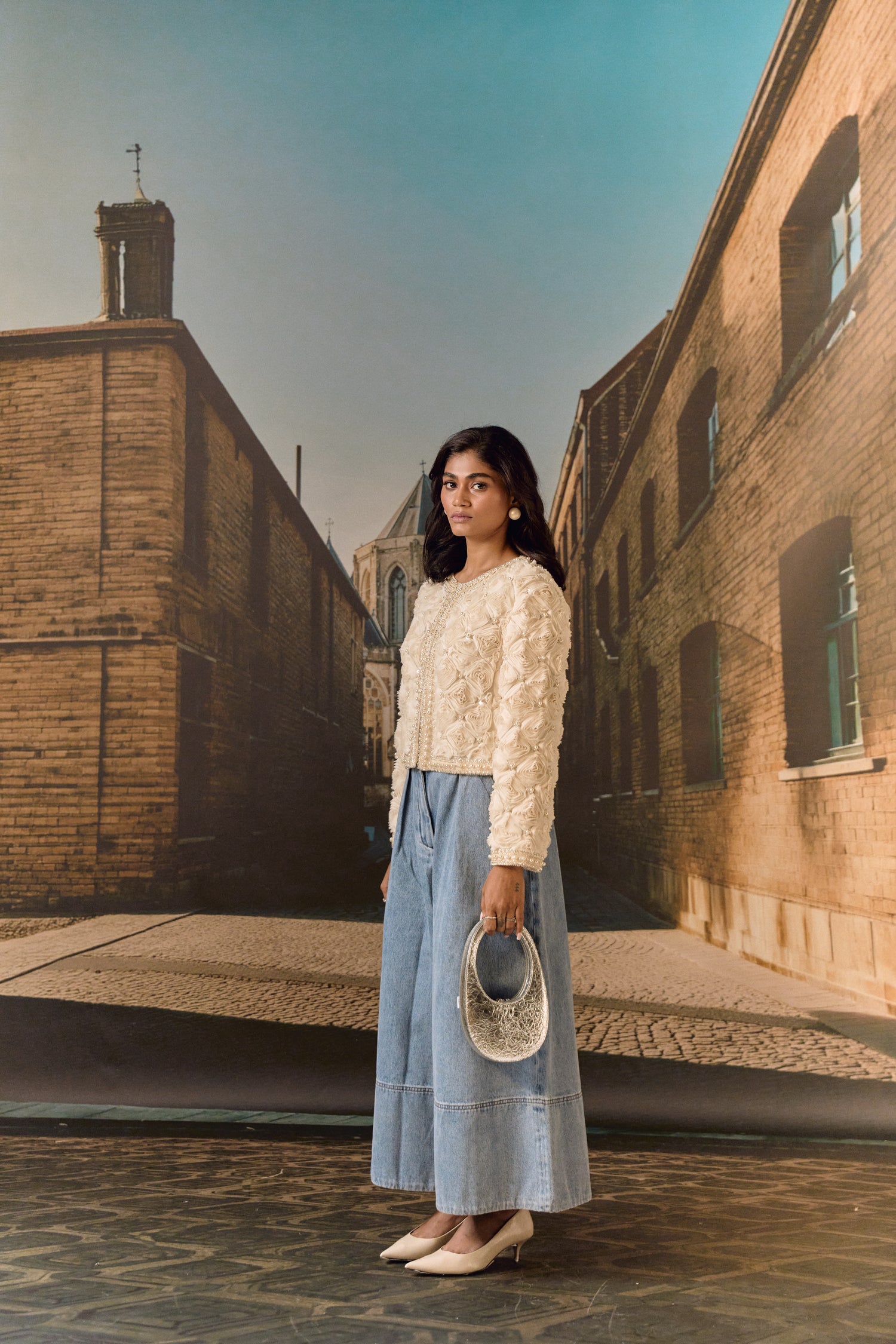 Ivory evening cropped all over evening jacket with 3D roses
