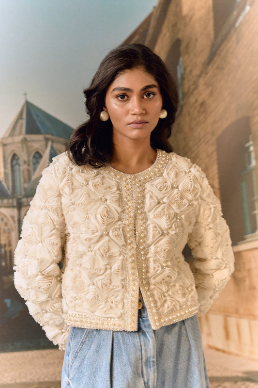 Ivory evening cropped all over evening jacket with 3D roses