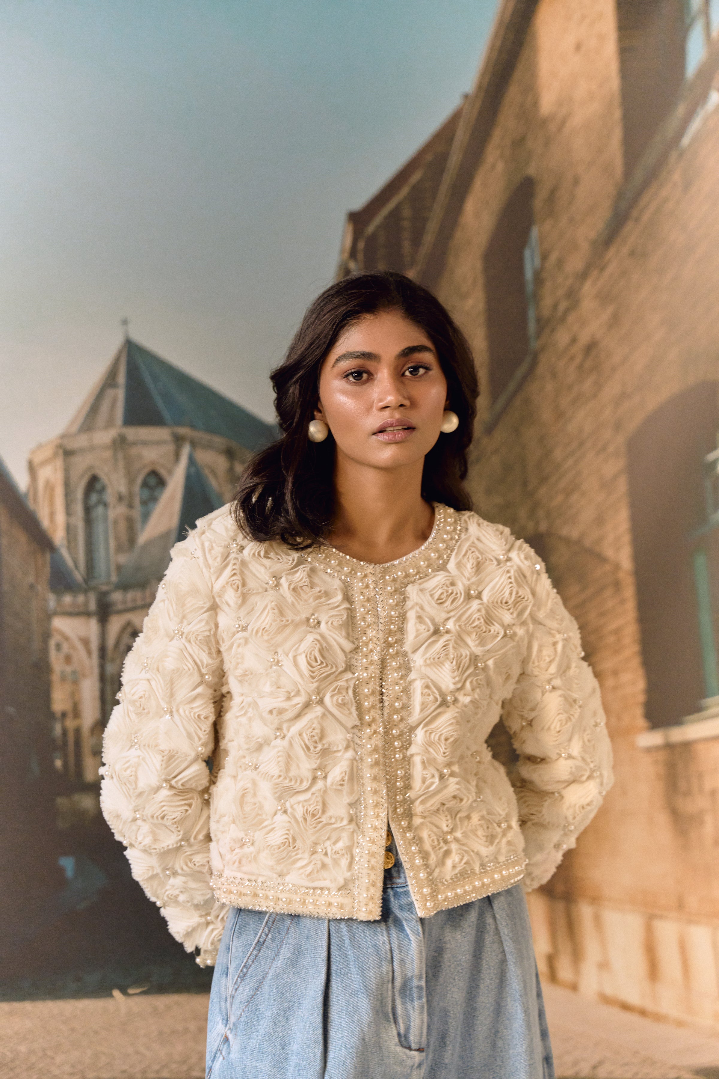 Ivory evening cropped all over evening jacket with 3D roses