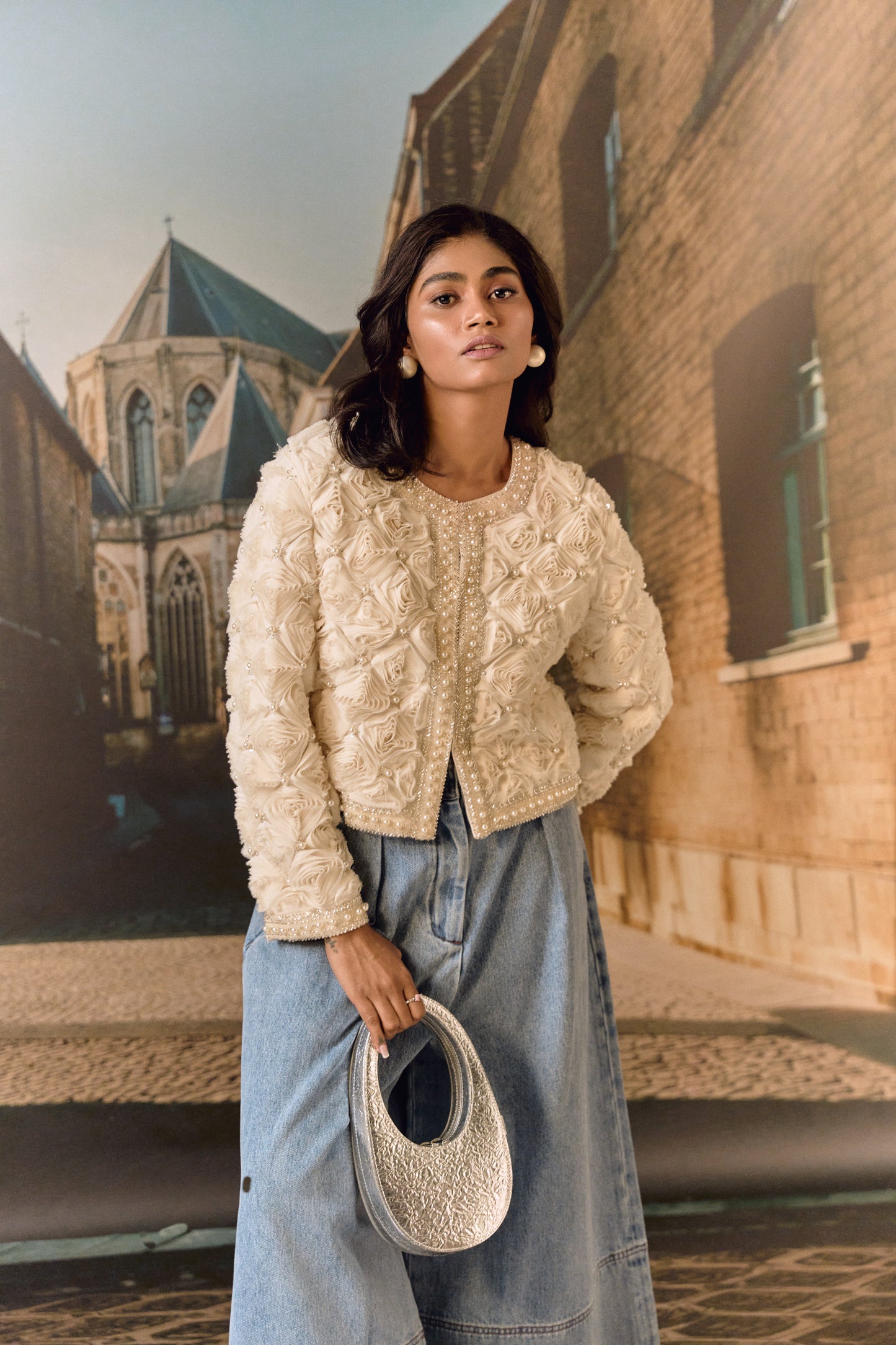 Ivory evening cropped all over evening jacket with 3D roses