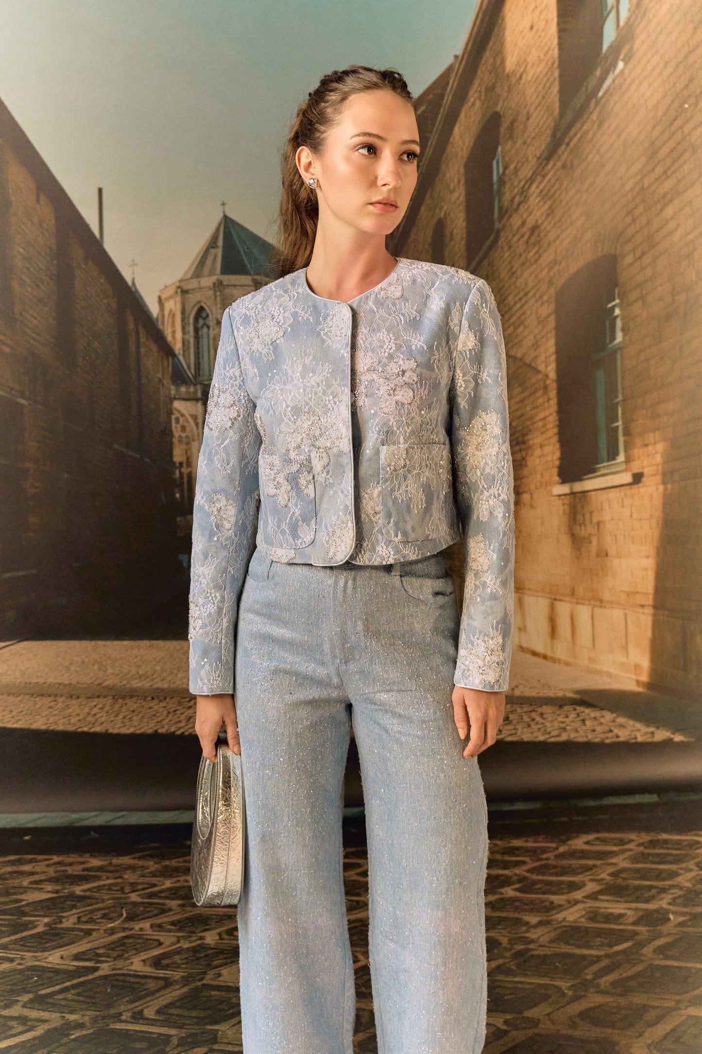 Textured Silk Boucle Powder Blue trouser