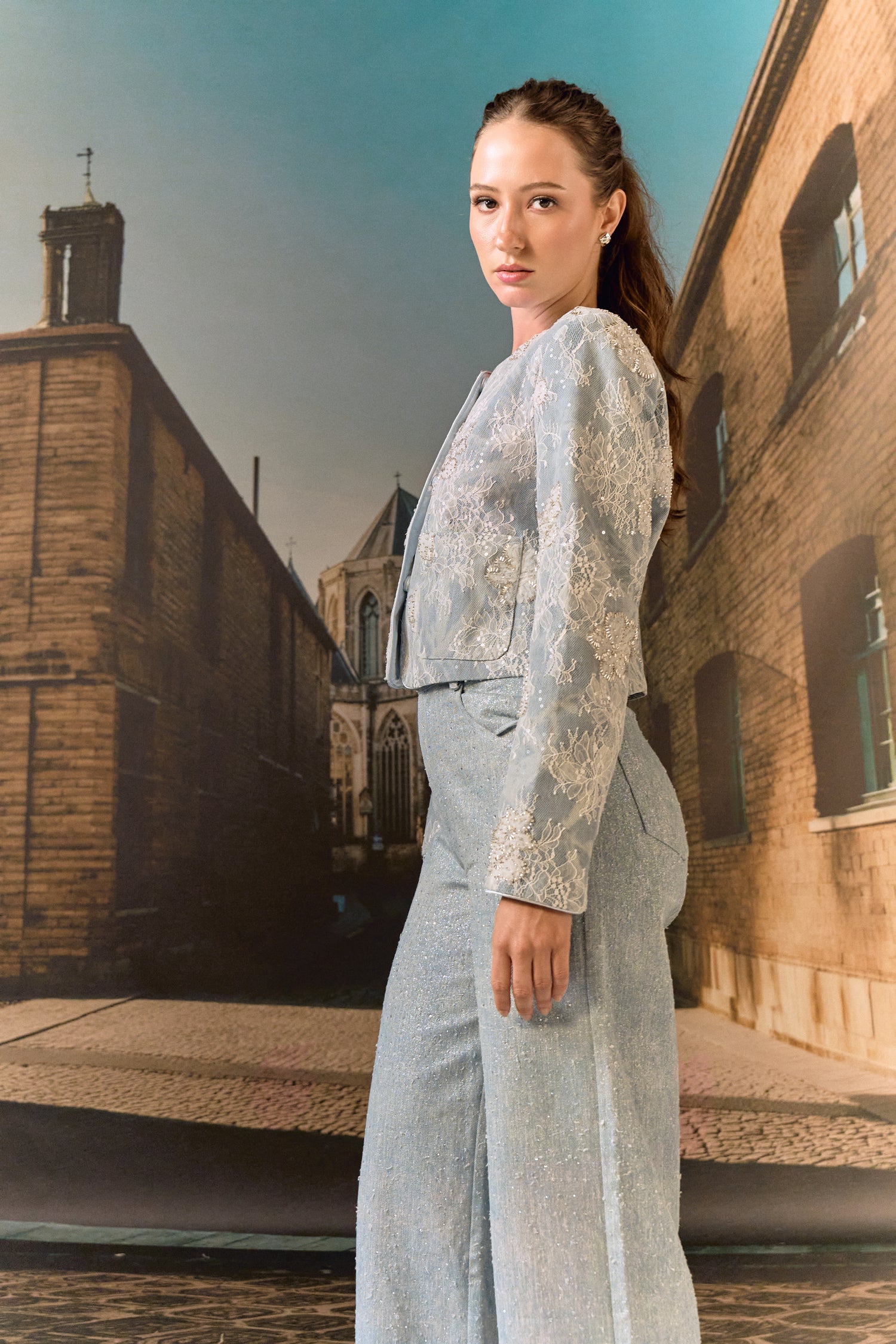 Sky lace overlay beaded jacket