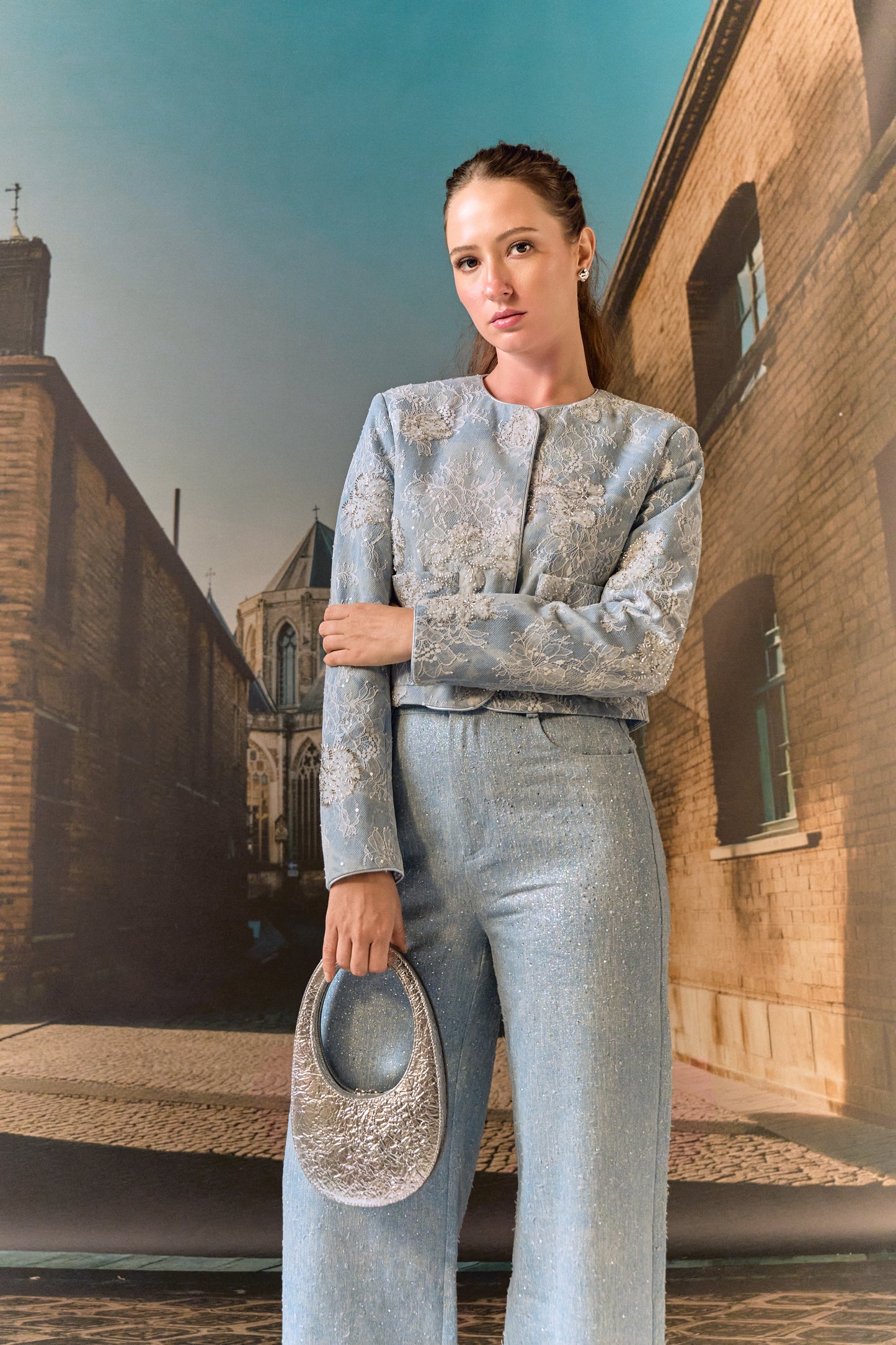 Sky lace overlay beaded jacket