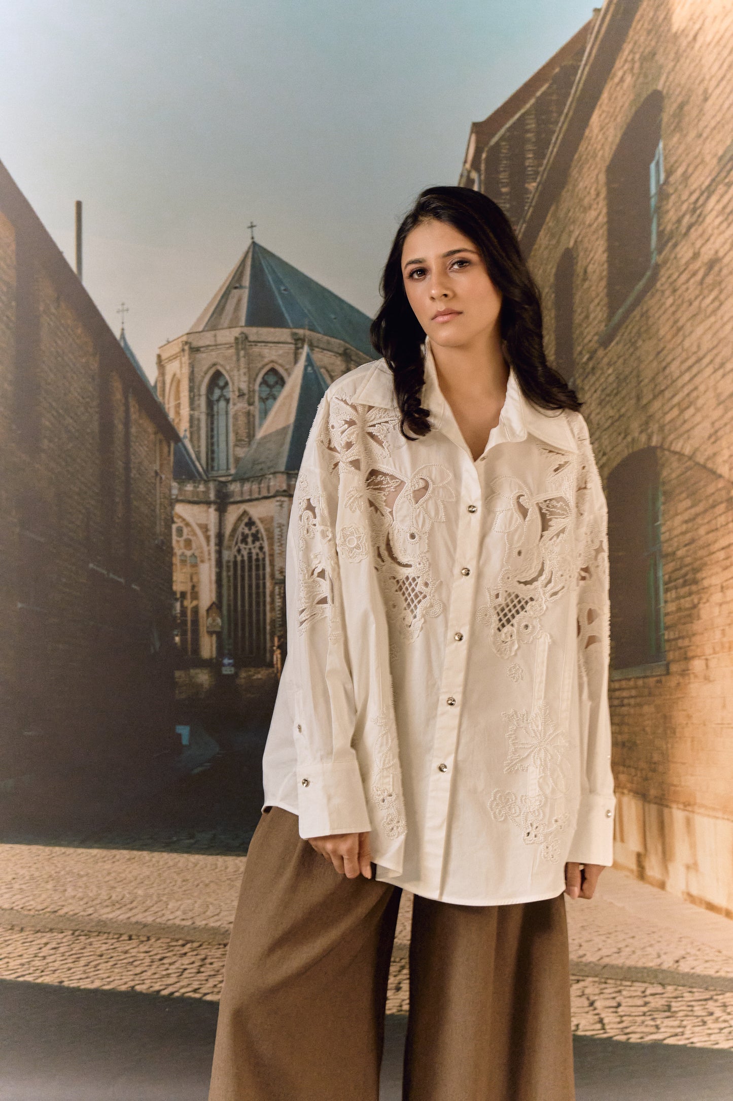 Cotton bead and cut work formal shirt