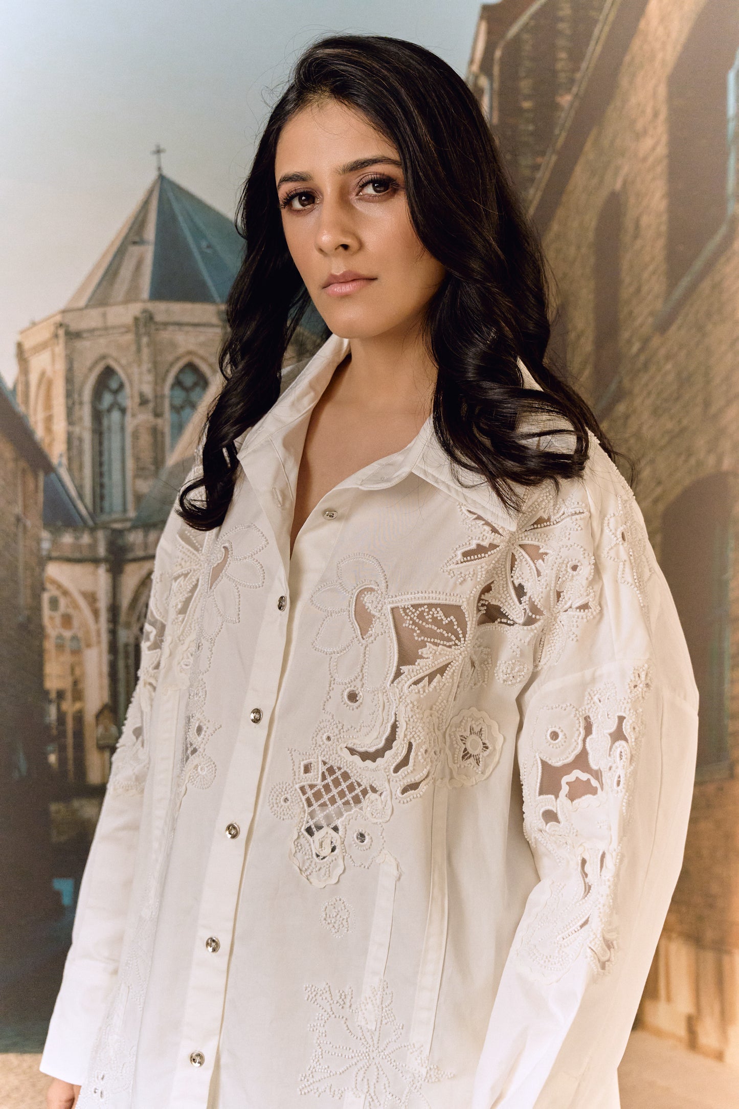 Cotton bead and cut work formal shirt