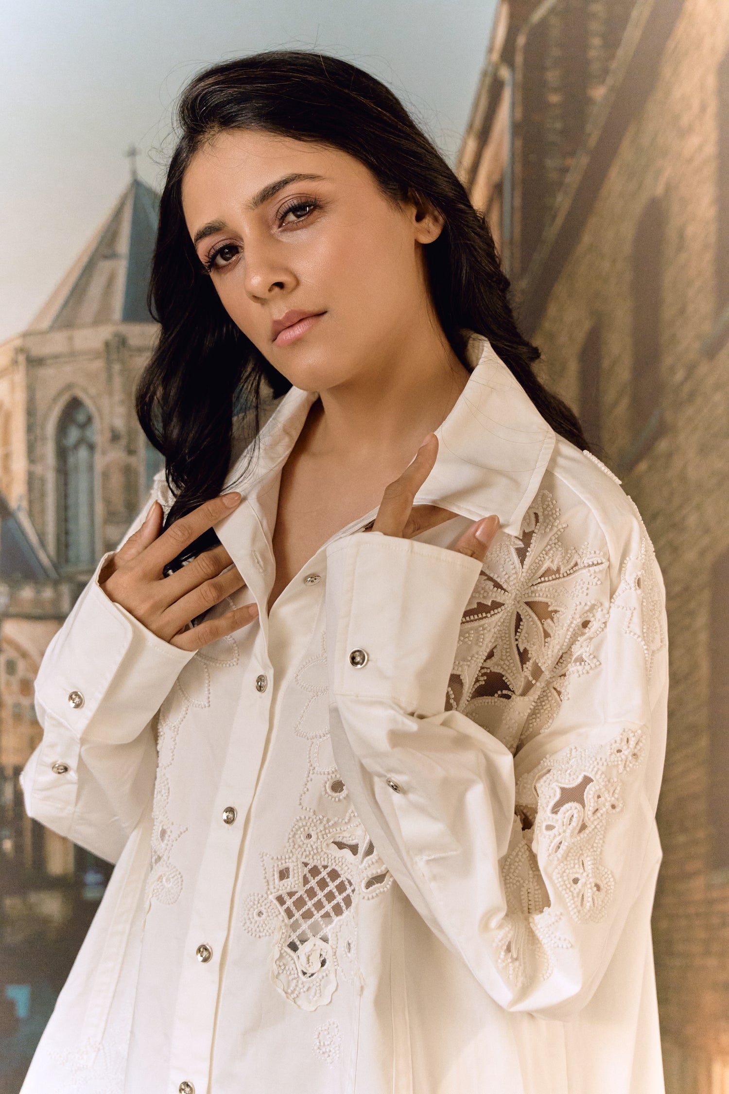 Cotton bead and cut work formal shirt