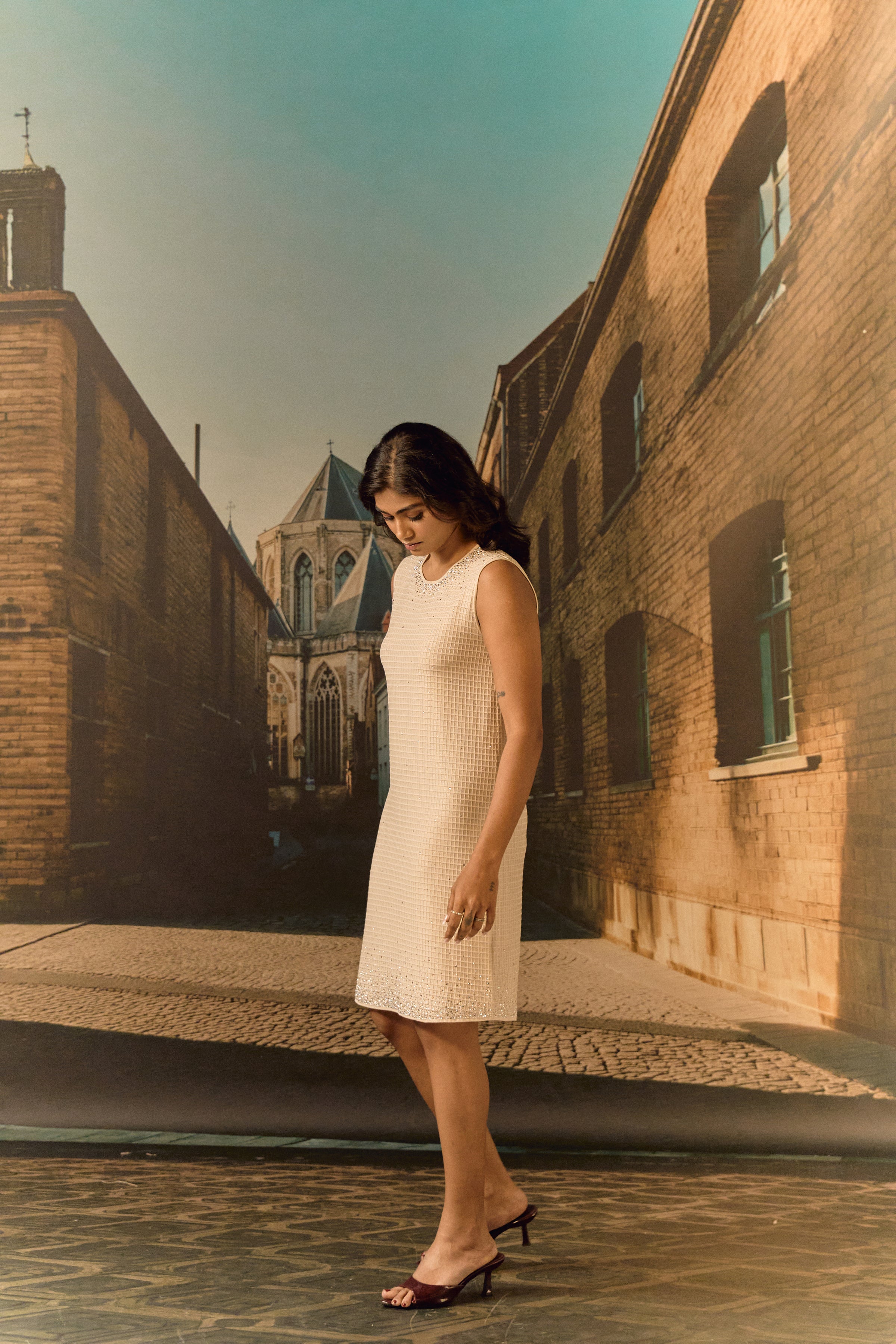 Waffle knit shift dress with Swarovski - Gold