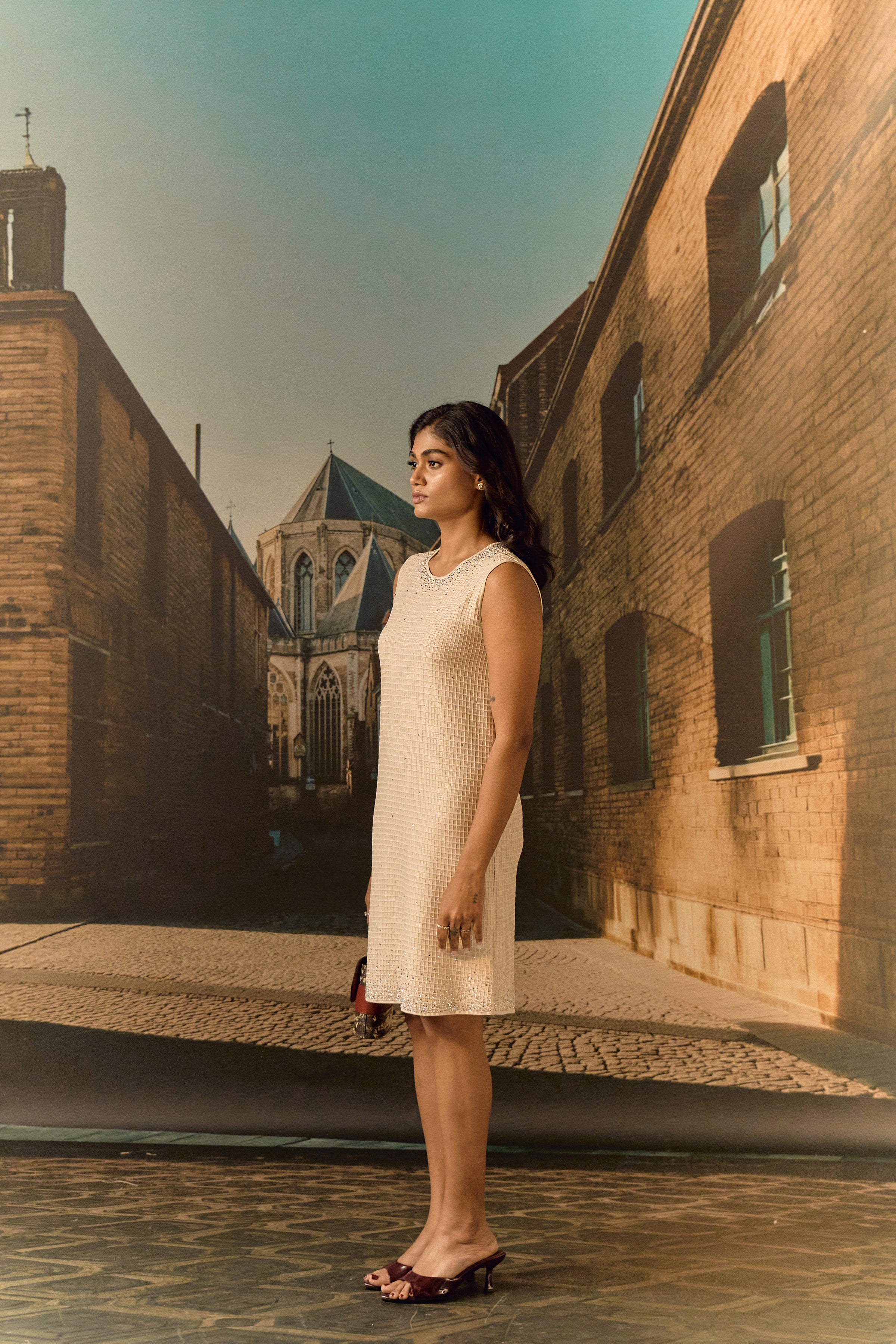 Waffle knit shift dress with Swarovski - Gold