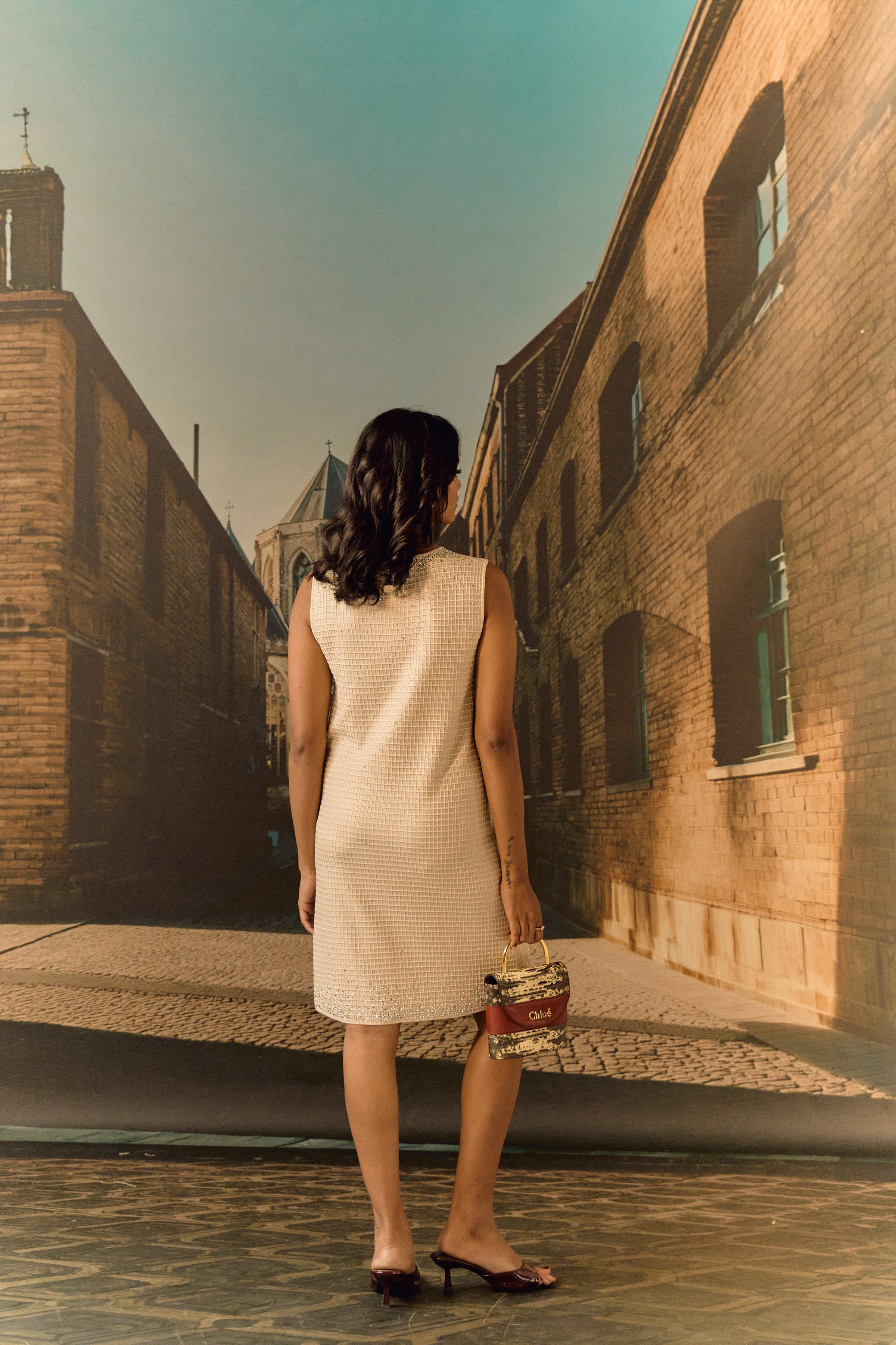Waffle knit shift dress with Swarovski - Gold