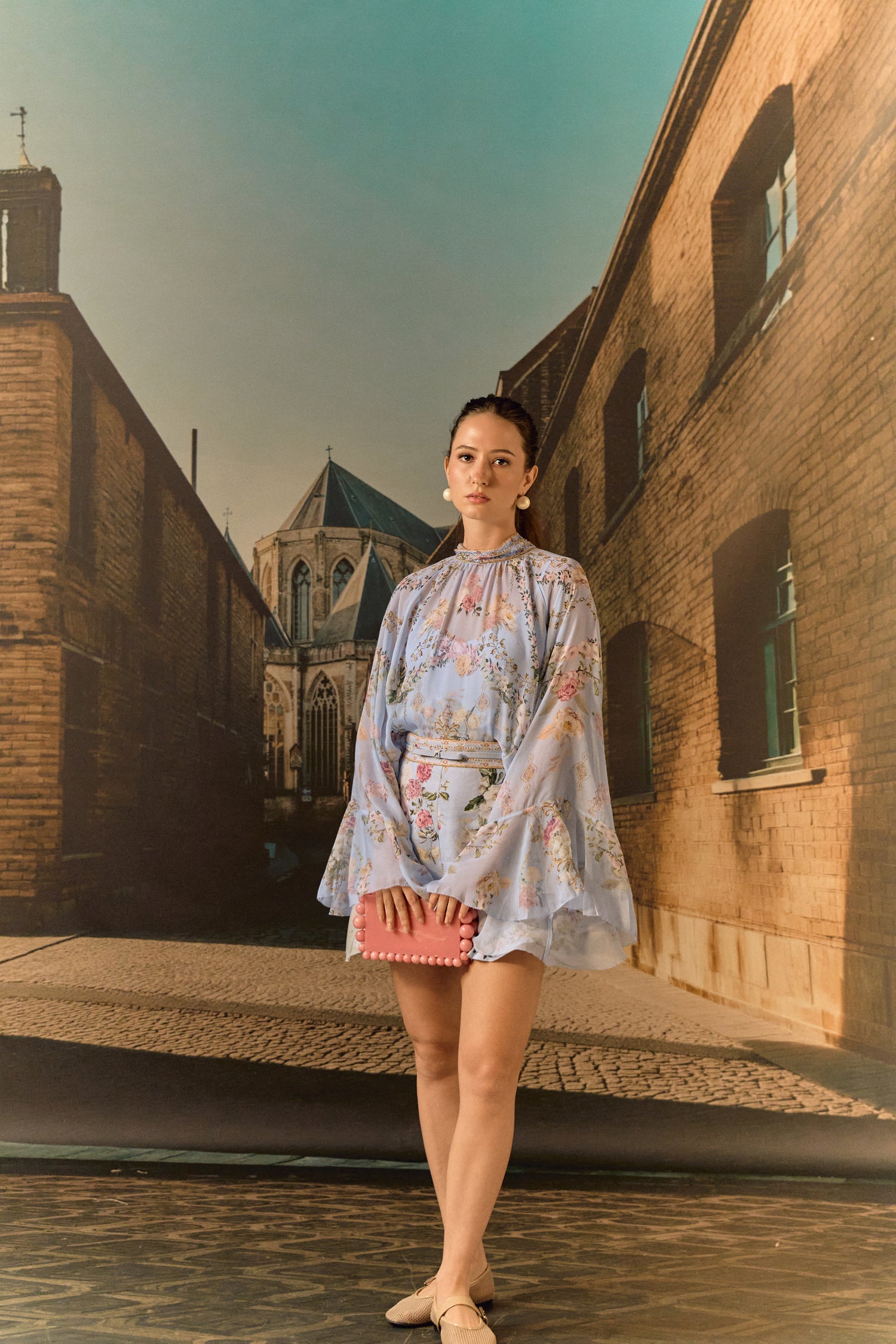 Sky blue georgette linen crystal collar set