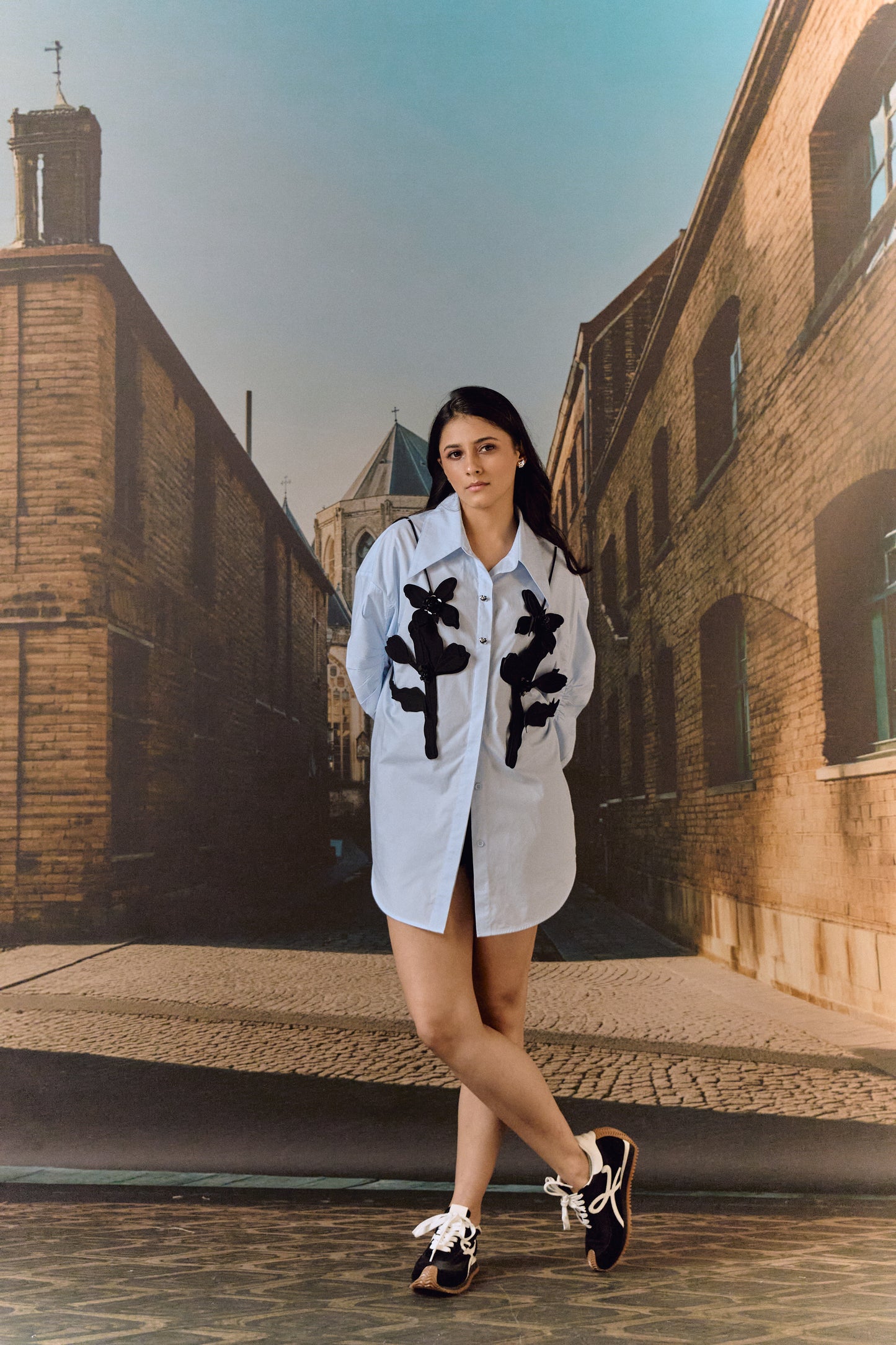 Cotton shirt with leather cut-out work bib - Sky blue
