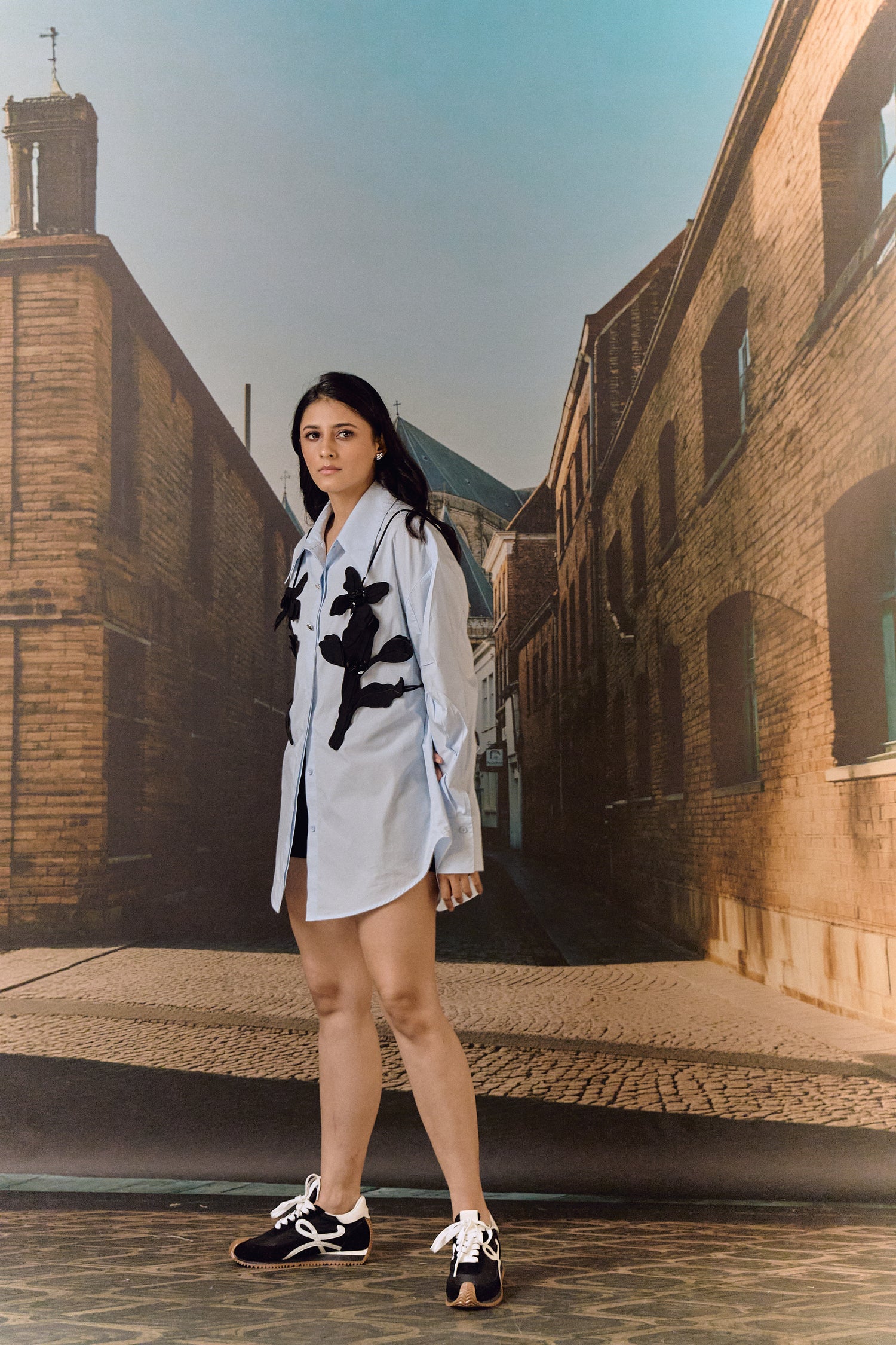 Cotton shirt with leather cut-out work bib - Sky blue