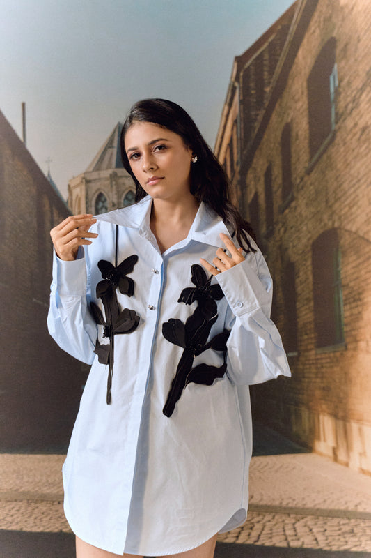 Cotton shirt with leather cut-out work bib - Sky blue