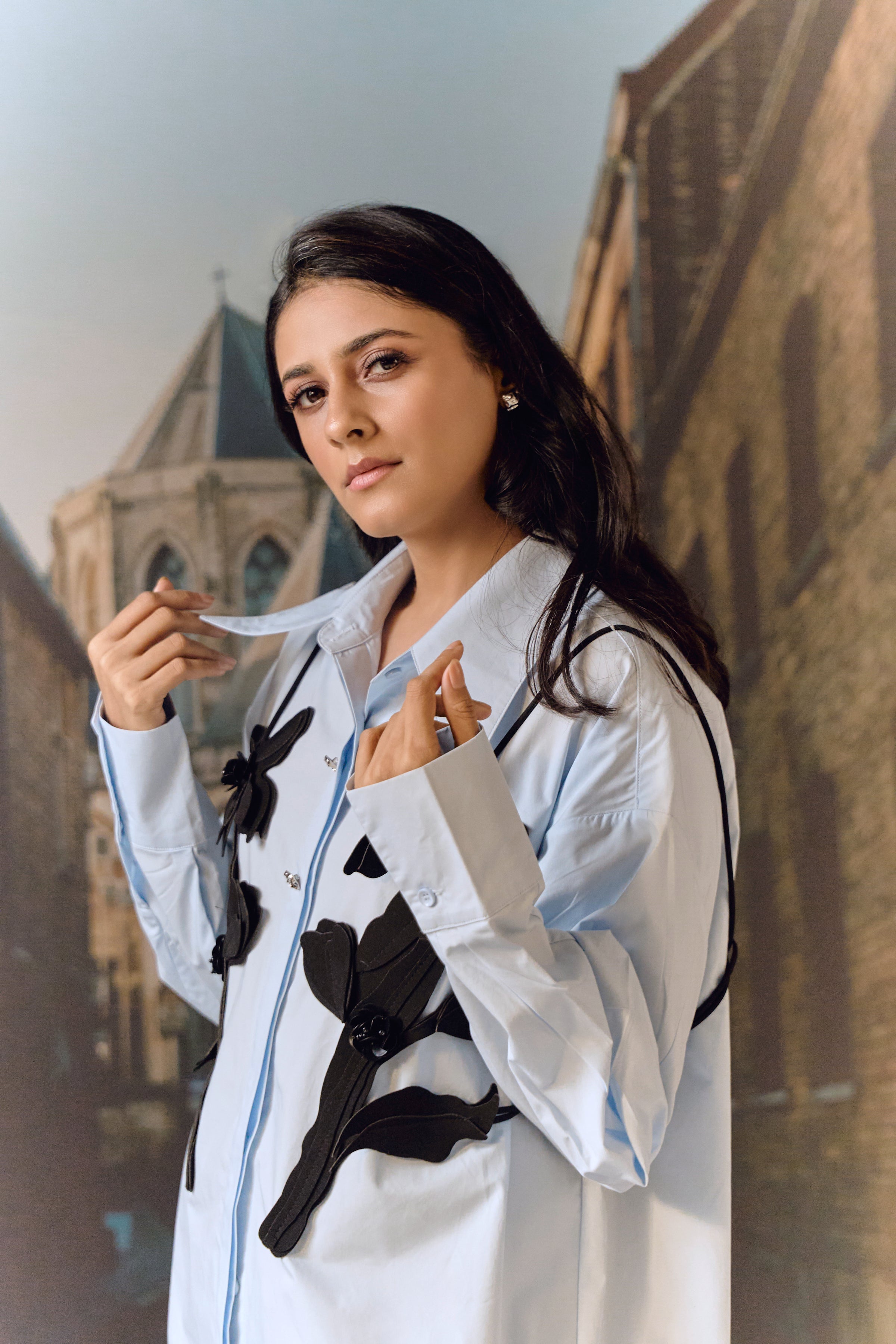 Cotton shirt with leather cut-out work bib - Sky blue