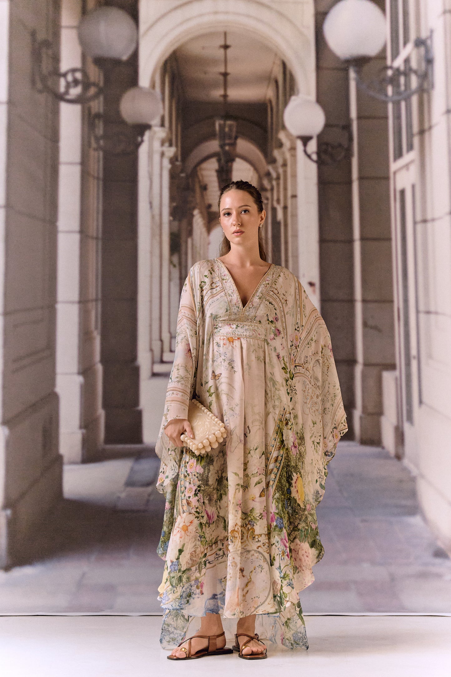 Baby pink digital print silk georgette overlay with crystals