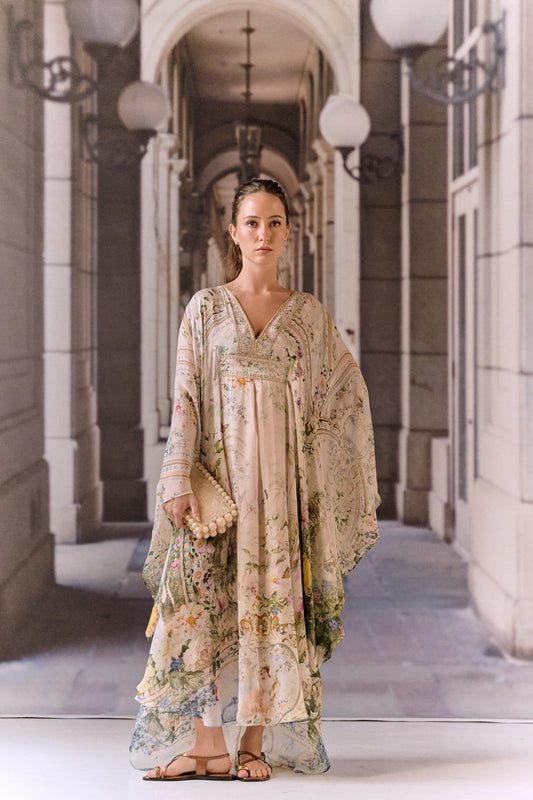 Baby pink digital print silk georgette overlay with crystals