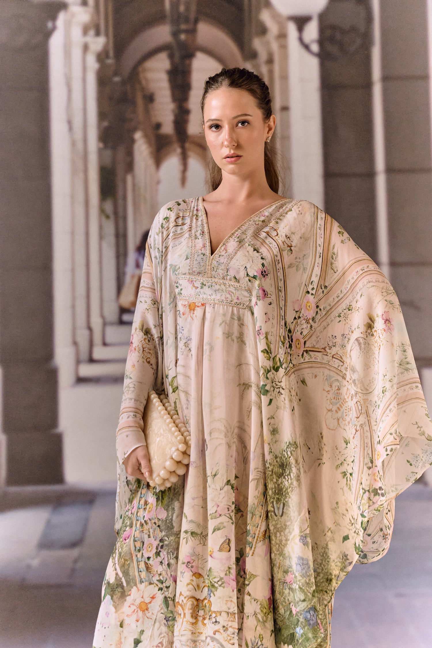 Baby pink digital print silk georgette overlay with crystals