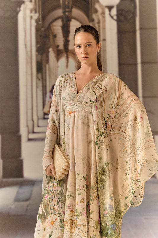 Baby pink digital print silk georgette overlay with crystals