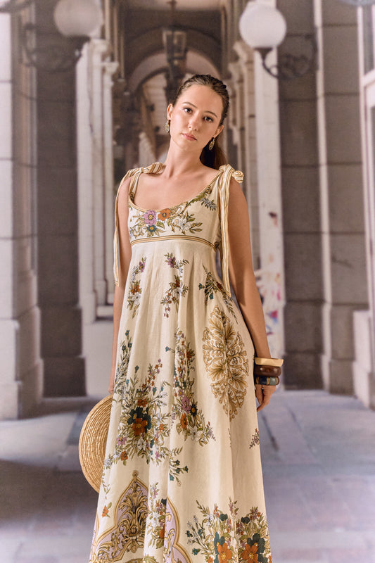 Ecru linen floral maxi dress