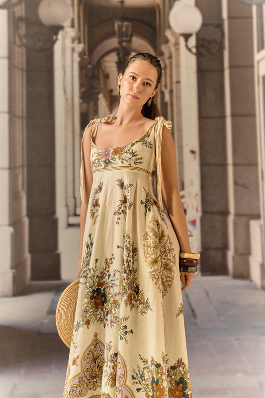 Ecru linen floral maxi dress