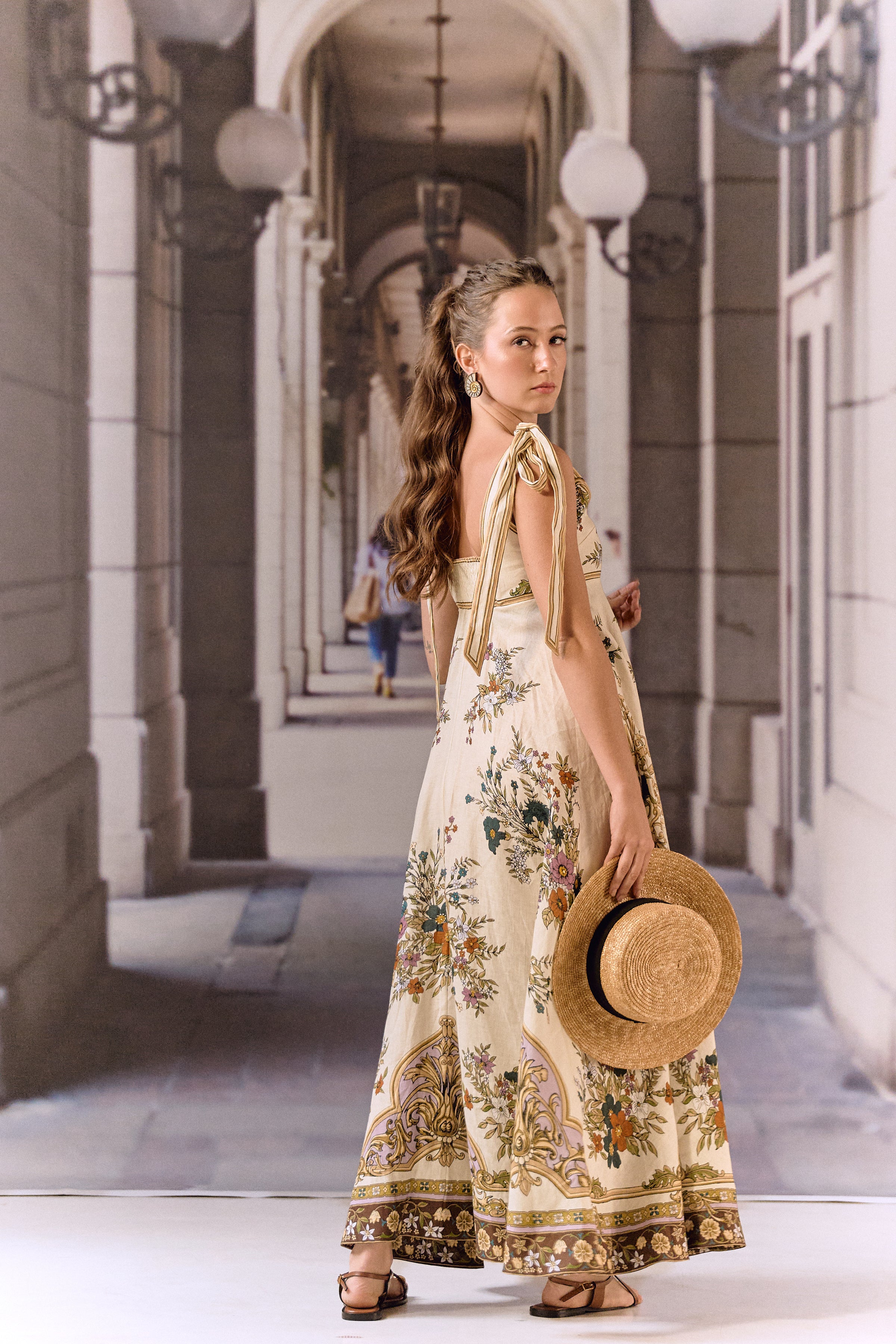Ecru linen floral maxi dress
