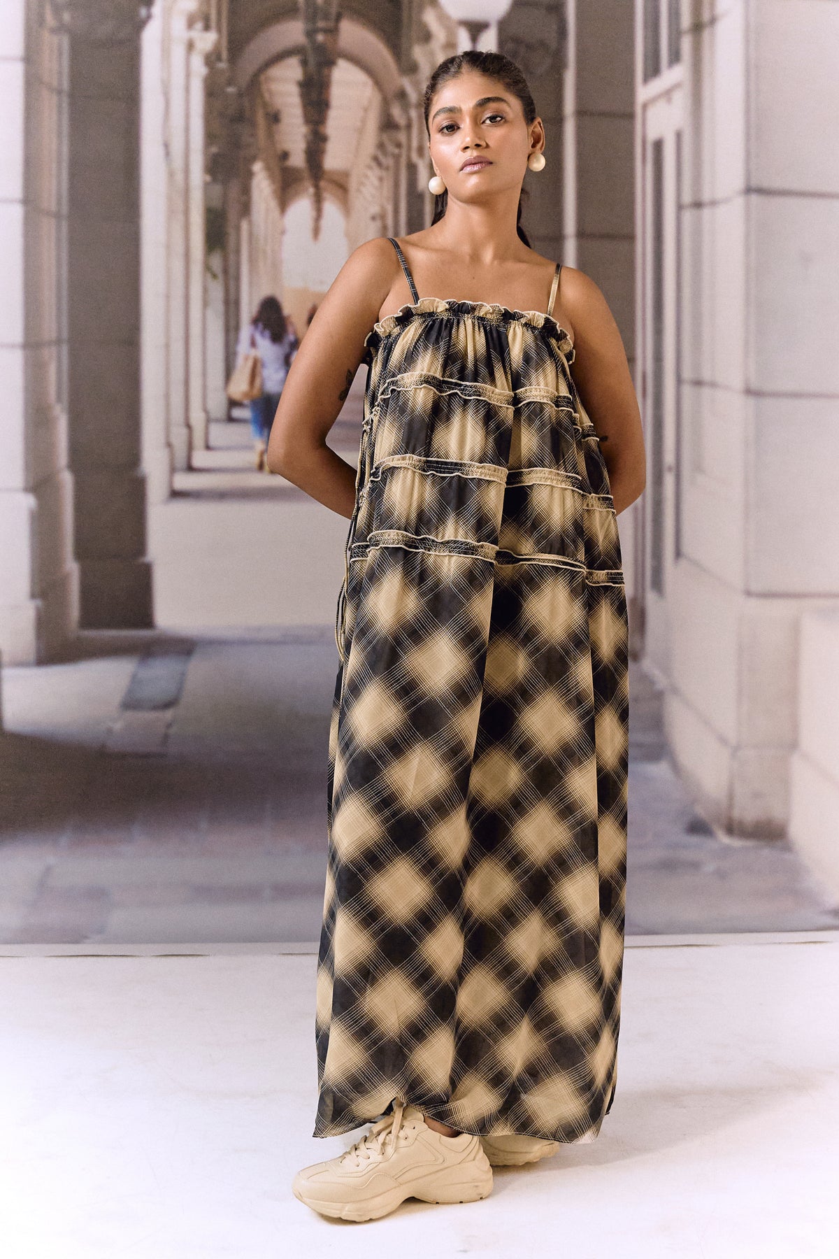 Georgette checkered slip dress - Dark blue