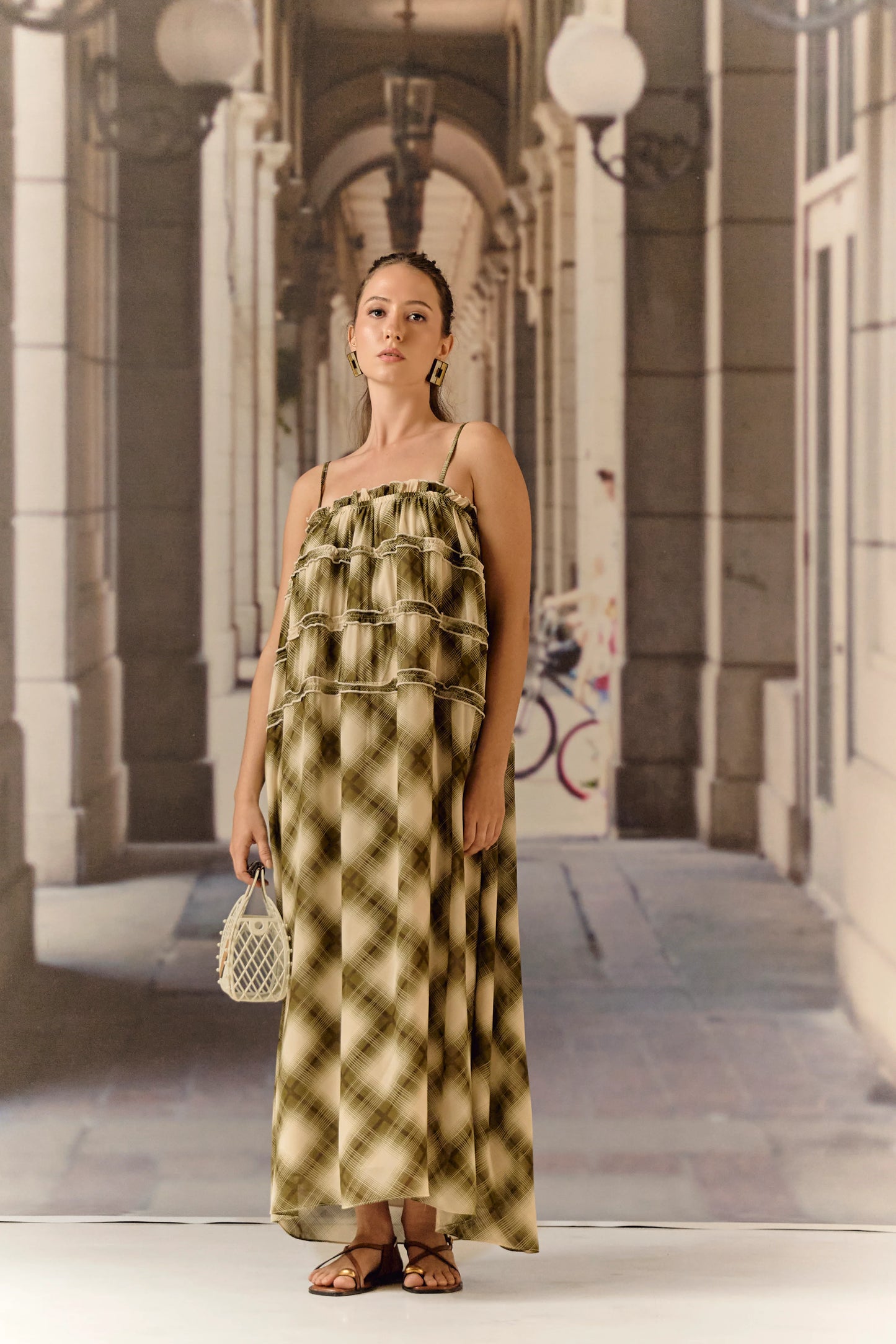 Georgette checkered slip dress - Green
