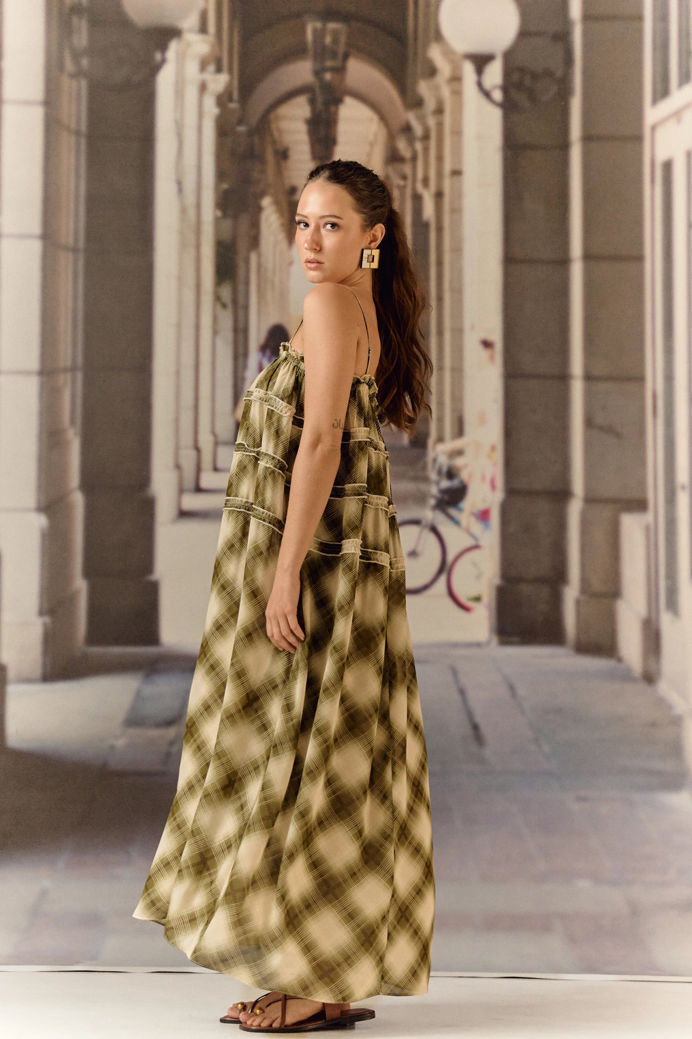 Georgette checkered slip dress - Green