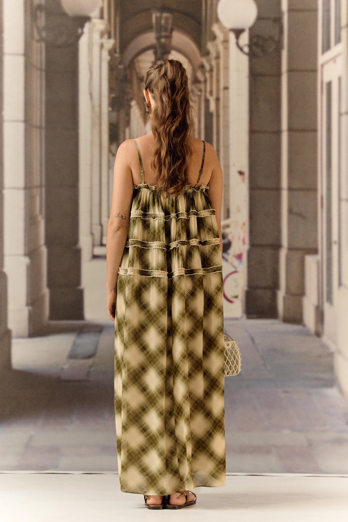 Georgette checkered slip dress - Green
