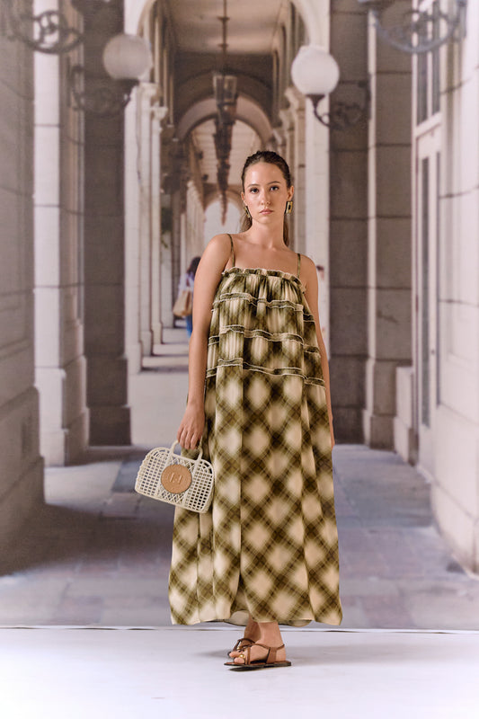Georgette checkered slip dress - Green
