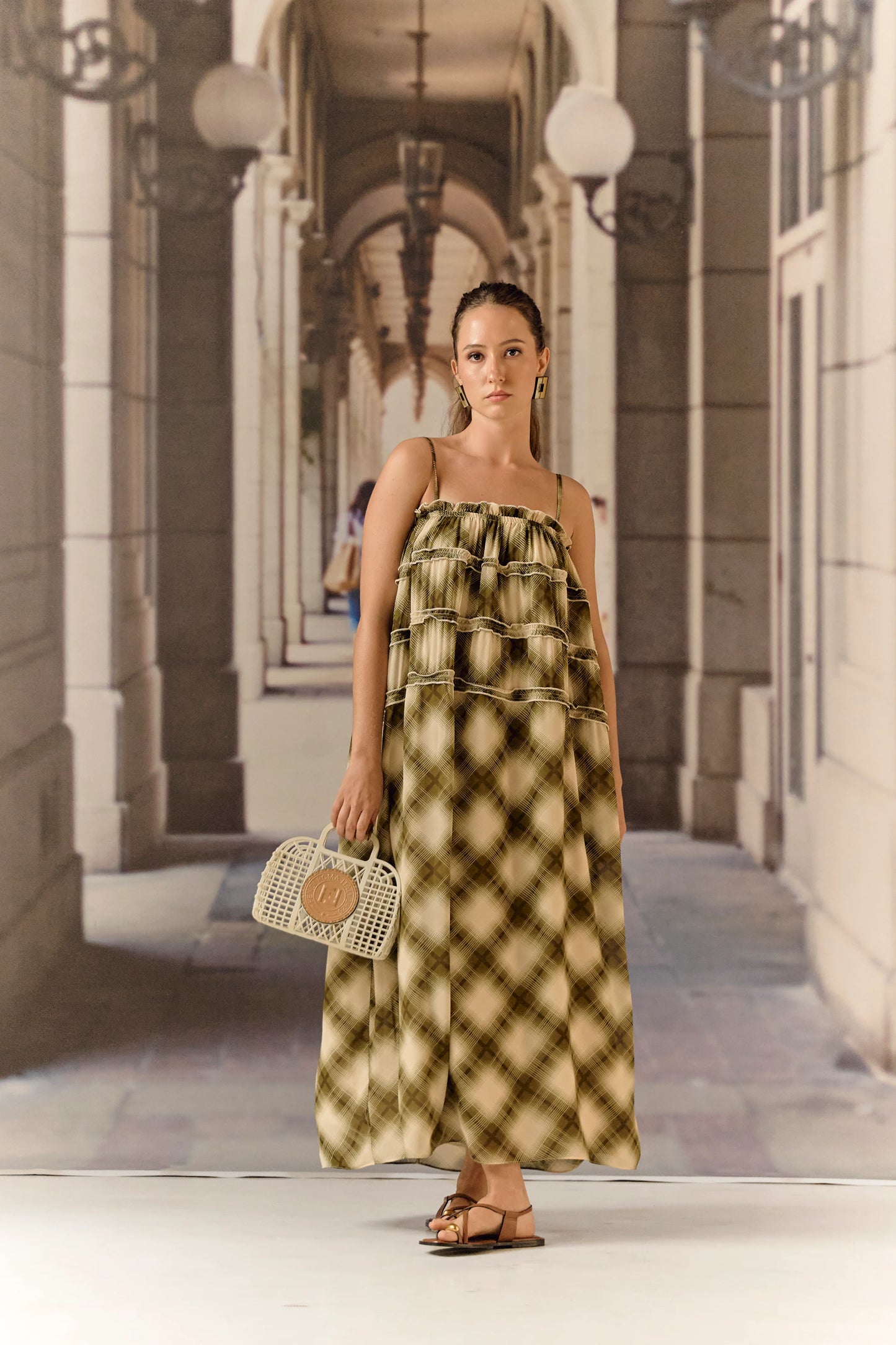 Georgette checkered slip dress - Green