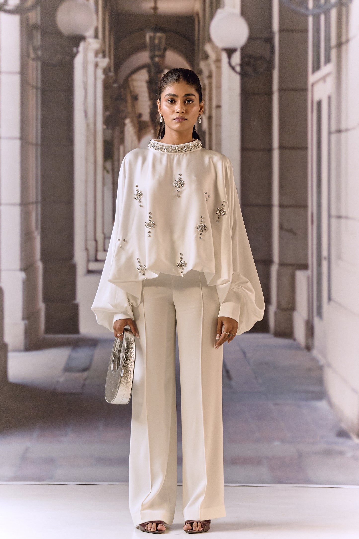 Crystal Embellished Satin Kaftan Top- White