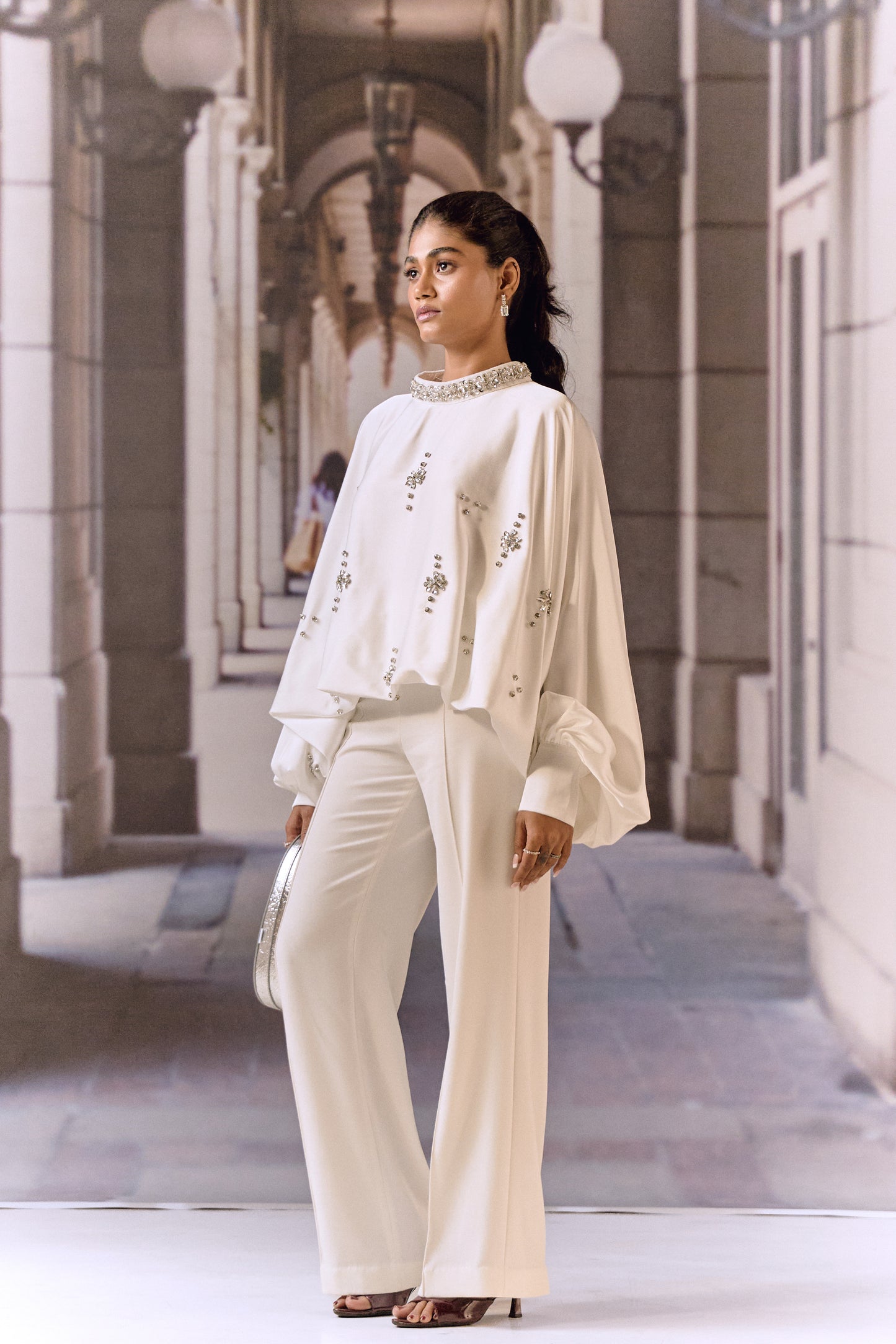 Crystal Embellished Satin Kaftan Top- White