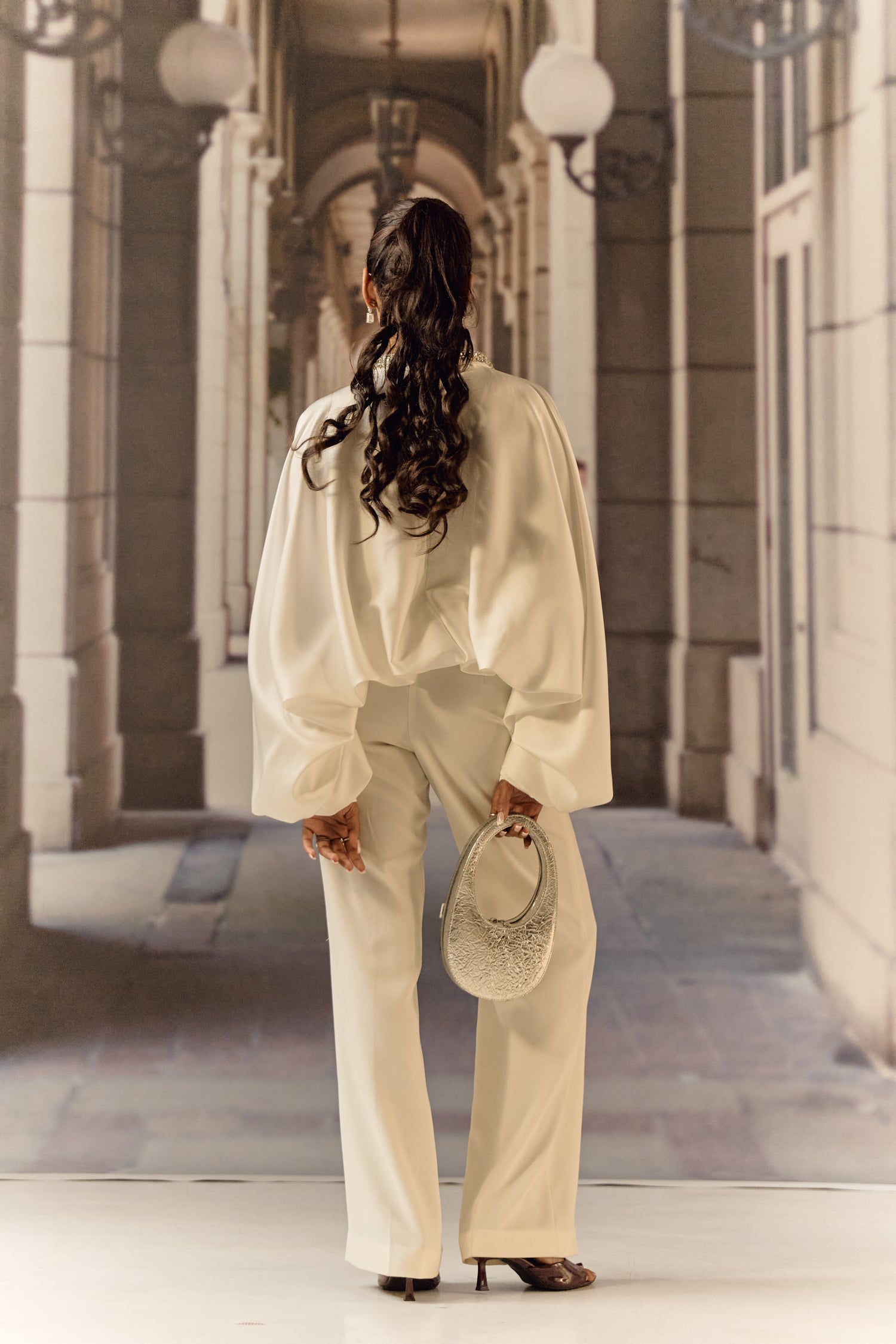 Silk satin balloon crystal kaftan top - White
