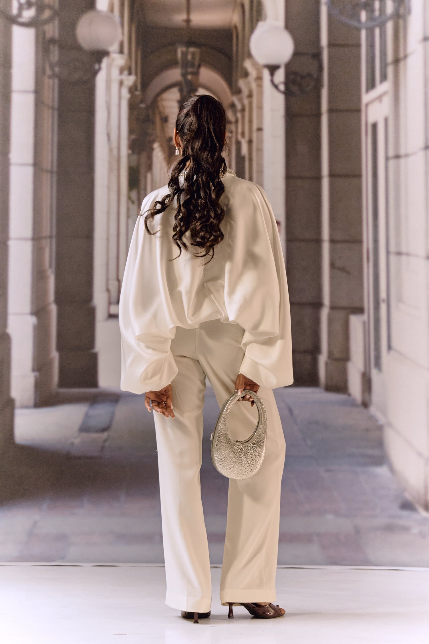 Crystal Embellished Satin Kaftan Top- White