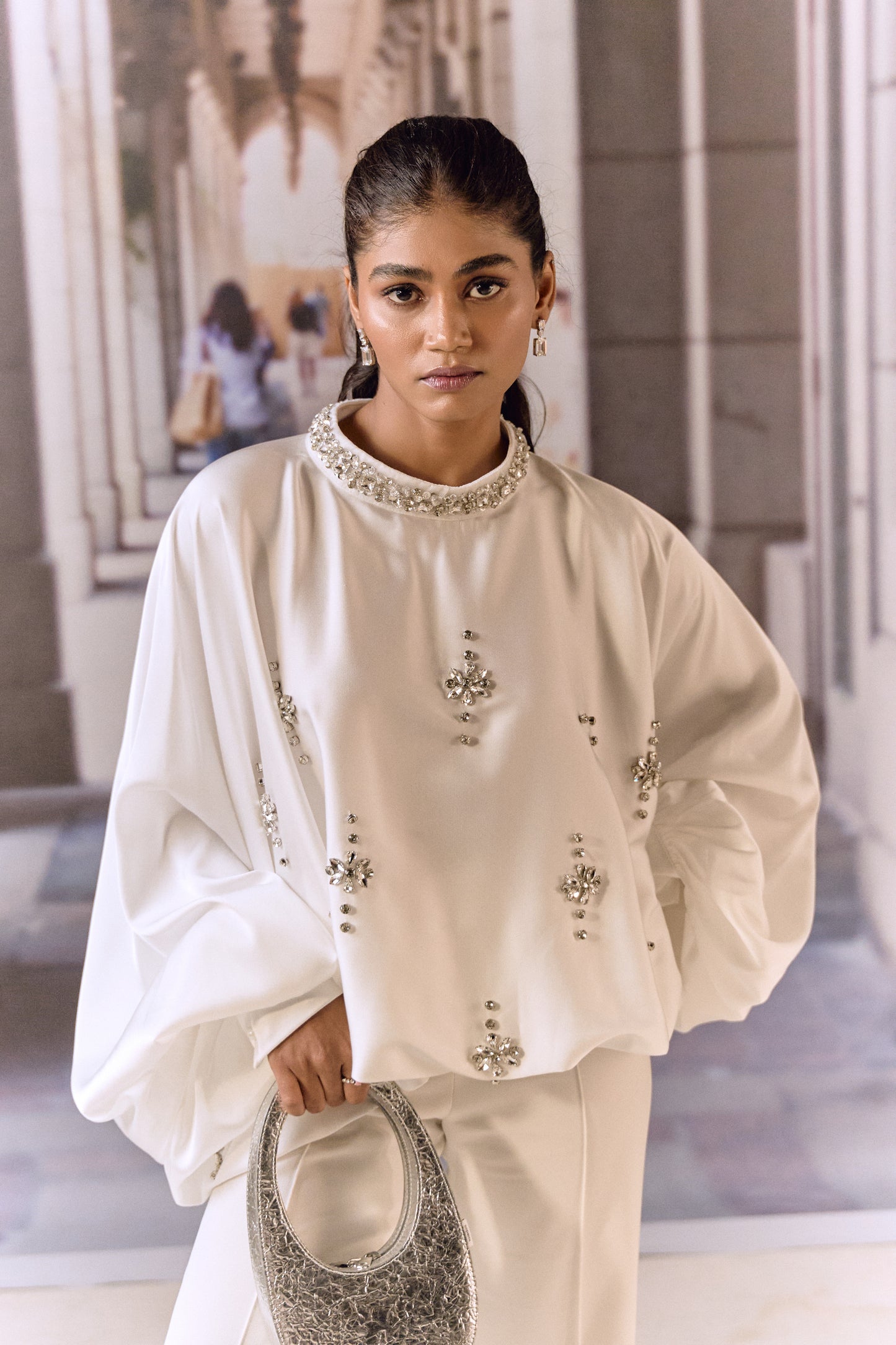 Crystal Embellished Satin Kaftan Top- White