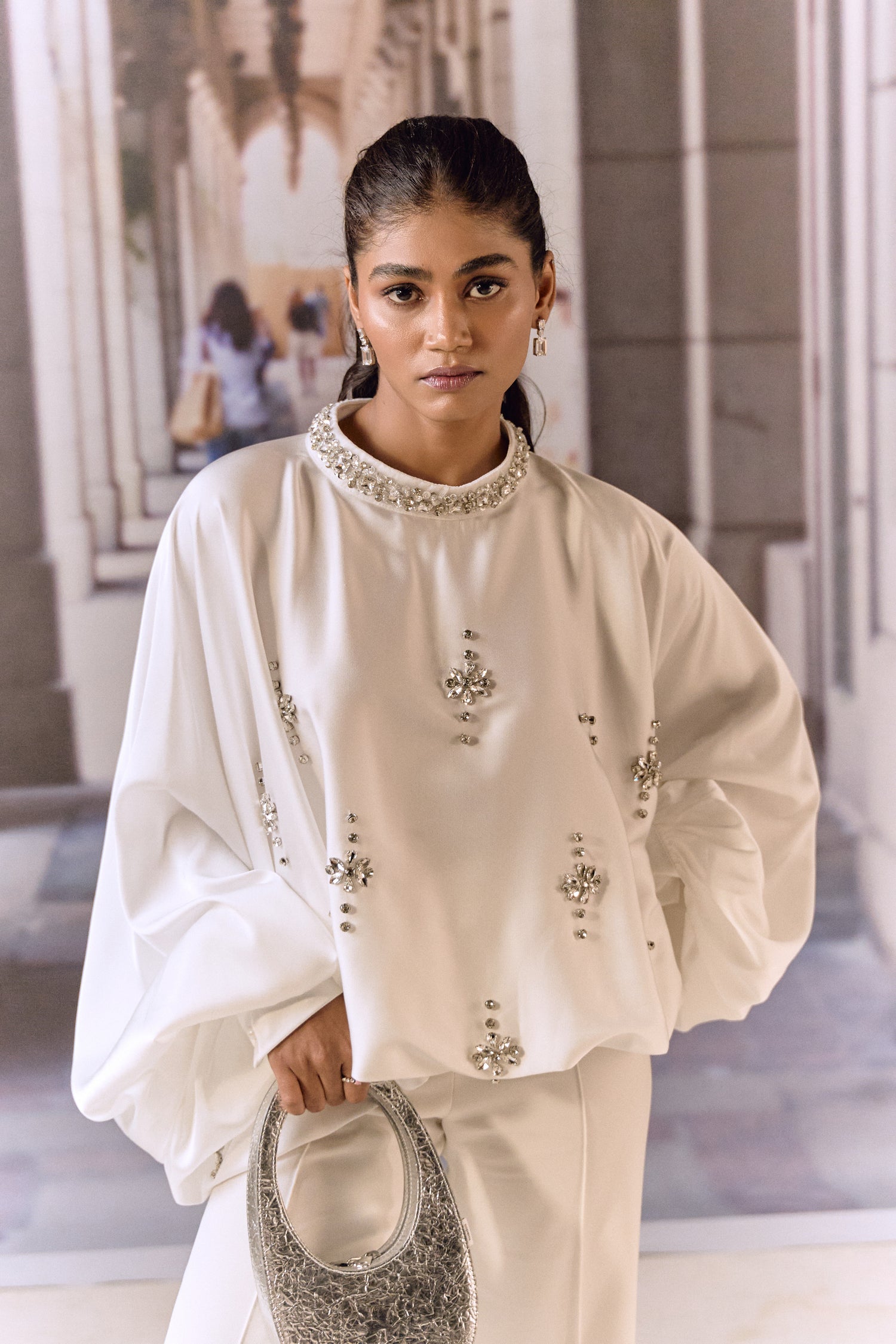 Crystal Embellished Satin Kaftan Top- White