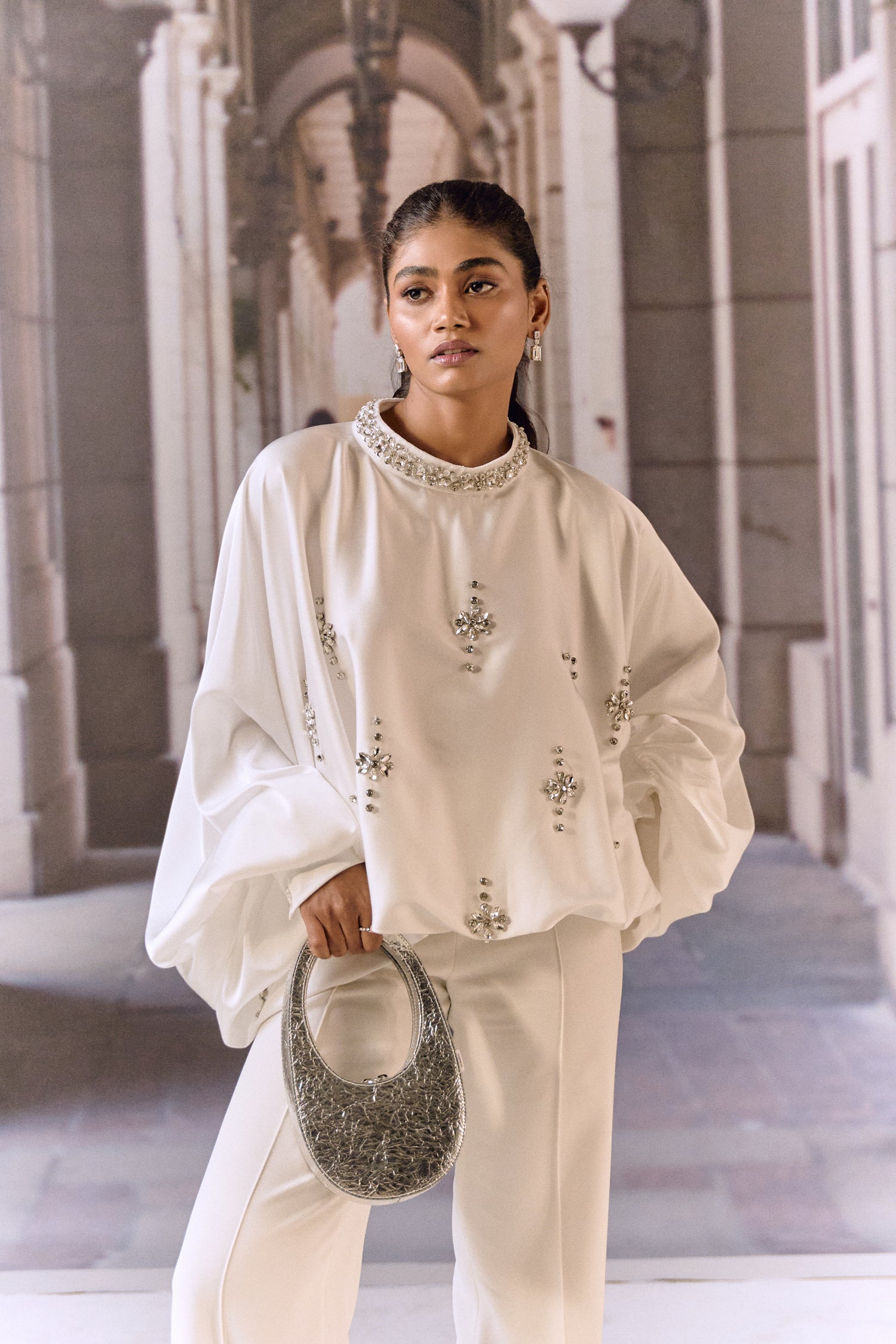 Crystal Embellished Satin Kaftan Top- White