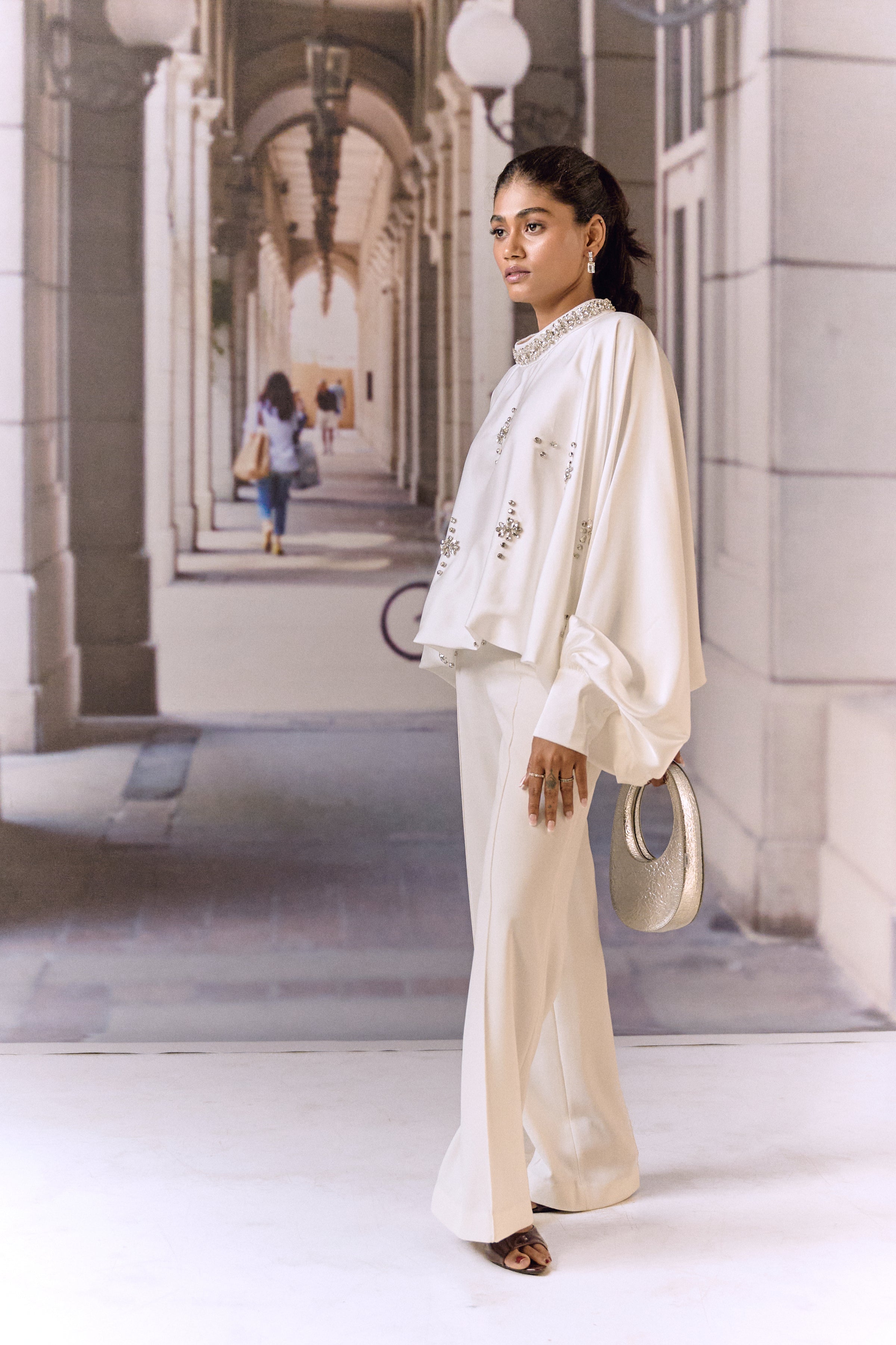 Crystal Embellished Satin Kaftan Top- White