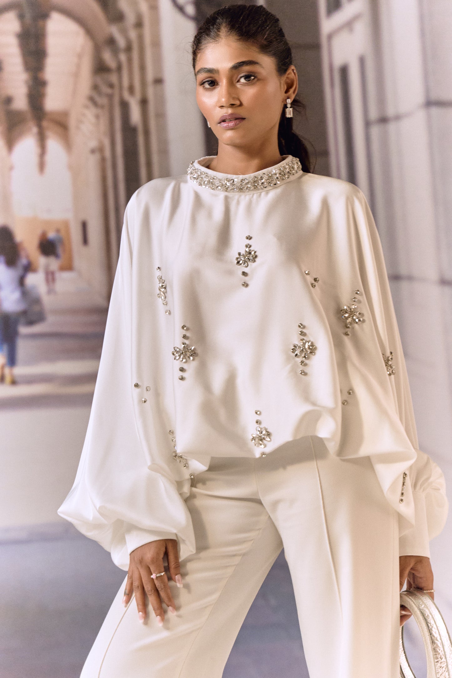Crystal Embellished Satin Kaftan Top- White