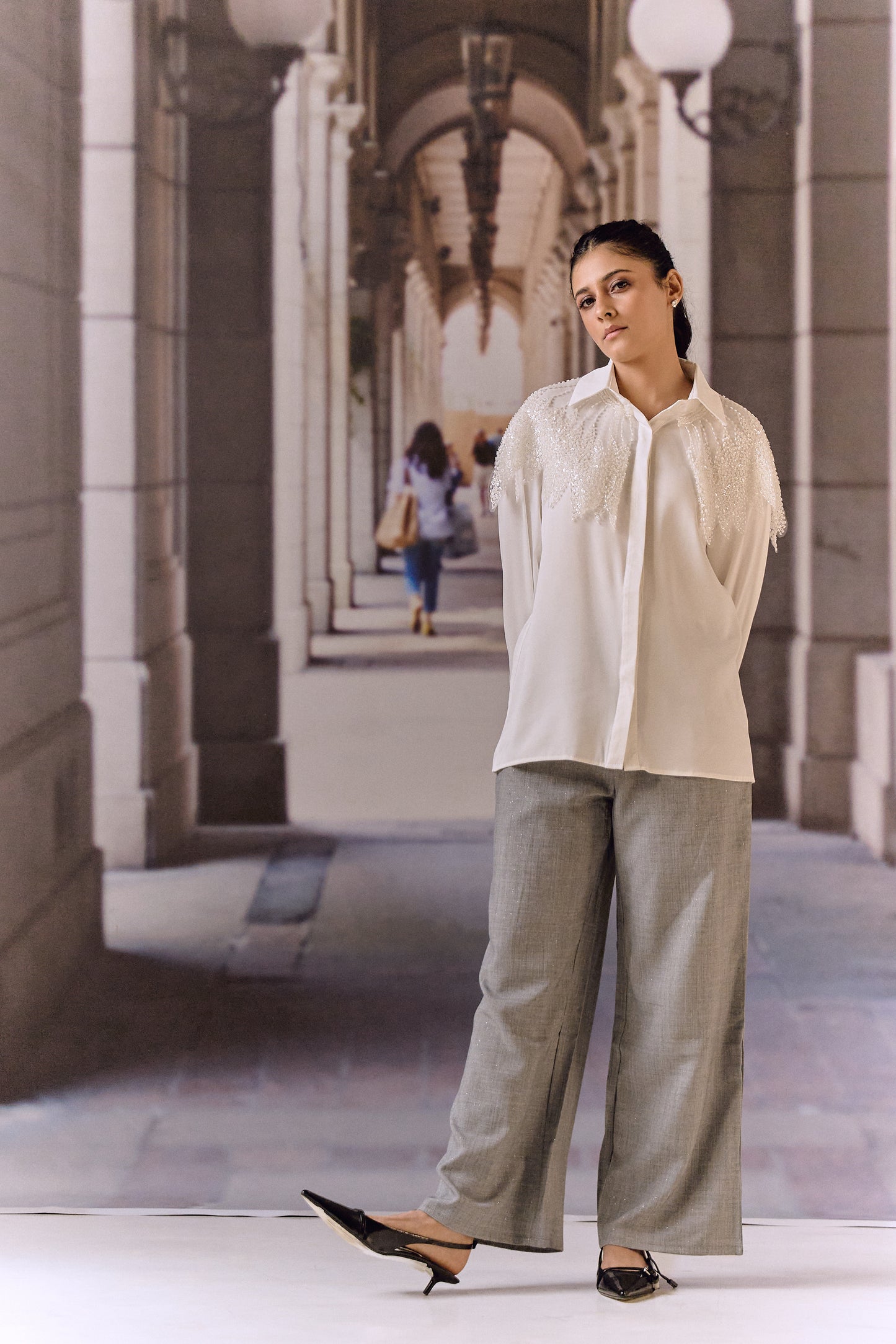 Bugle Beaded Satin Shirt- White